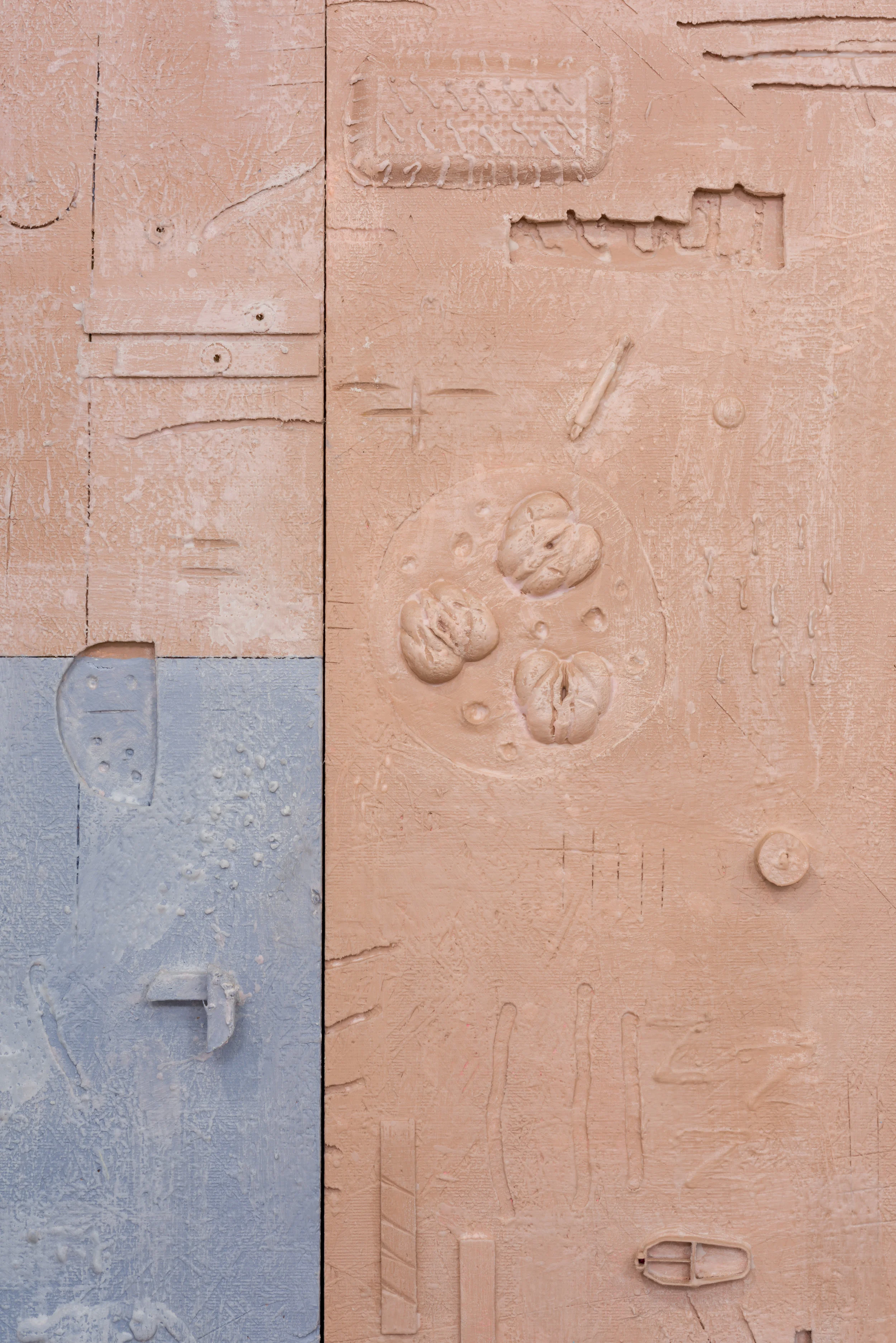 Detail view of: Don Edler Pharmacopornographic Chimera 2017 Plywood, OSB, styrofoam, ultracal, sex toys, syringes, ‘male enhancement’ pills, birth control pills, knife, polymer latex, surf wax 80 x 80 x 2 inches, dimensions variable Photo by Ruben Diaz