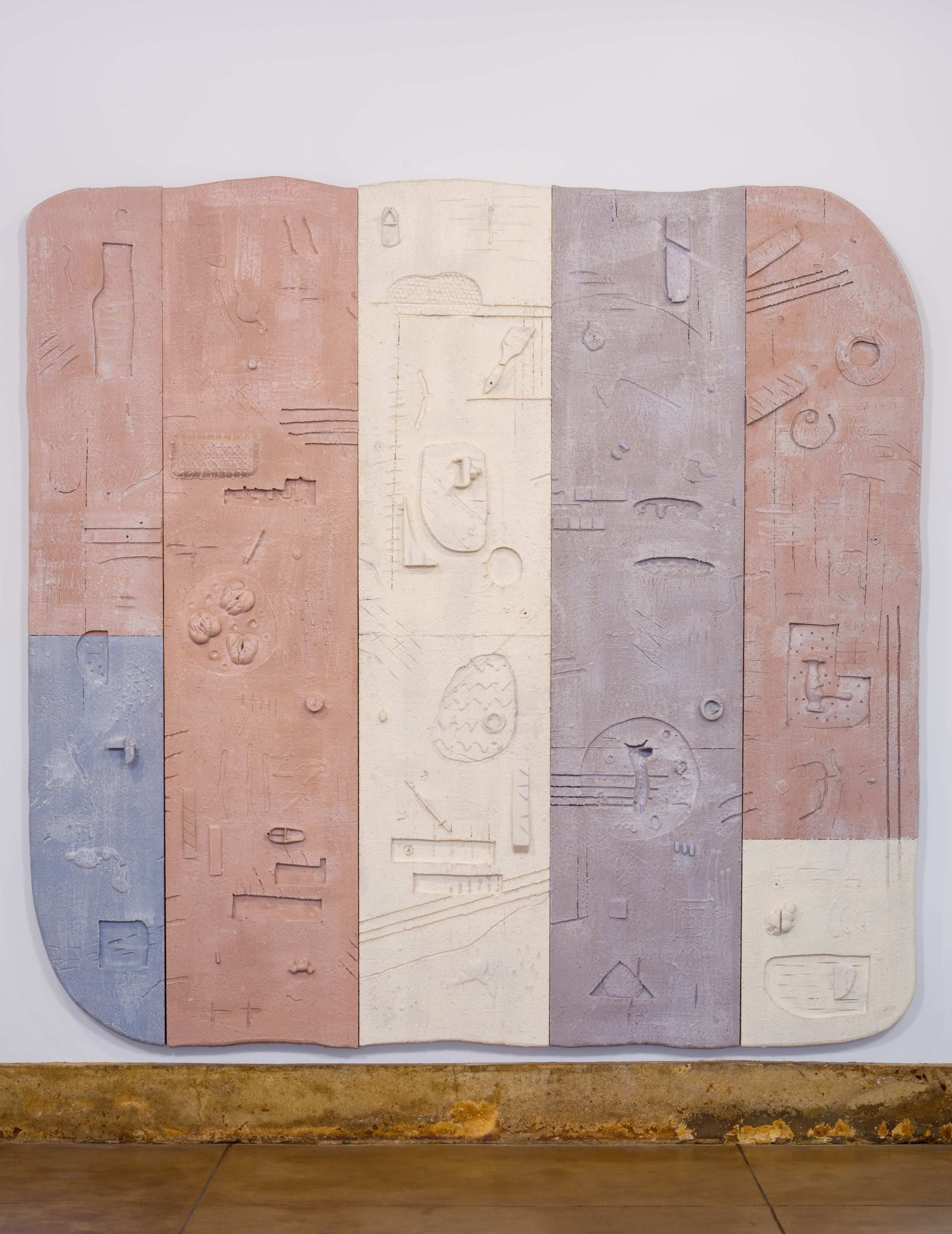   Don Edler   Pharmacopornographic Chimera  2017 Plywood, OSB, styrofoam, ultracal, sex toys, syringes, ‘male enhancement’ pills, birth control pills, knife, polymer latex, surf wax 80 x 80 x 2 inches, dimensions variable  Photo by Ruben Diaz 