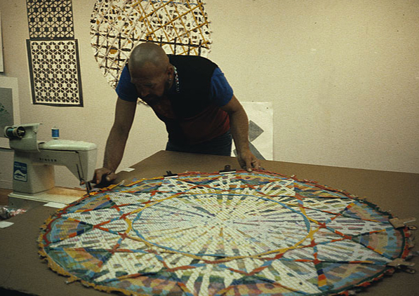 Alan Shields sewing together "Equatorial Route," from "The Raggedy Circumnavigation Series"