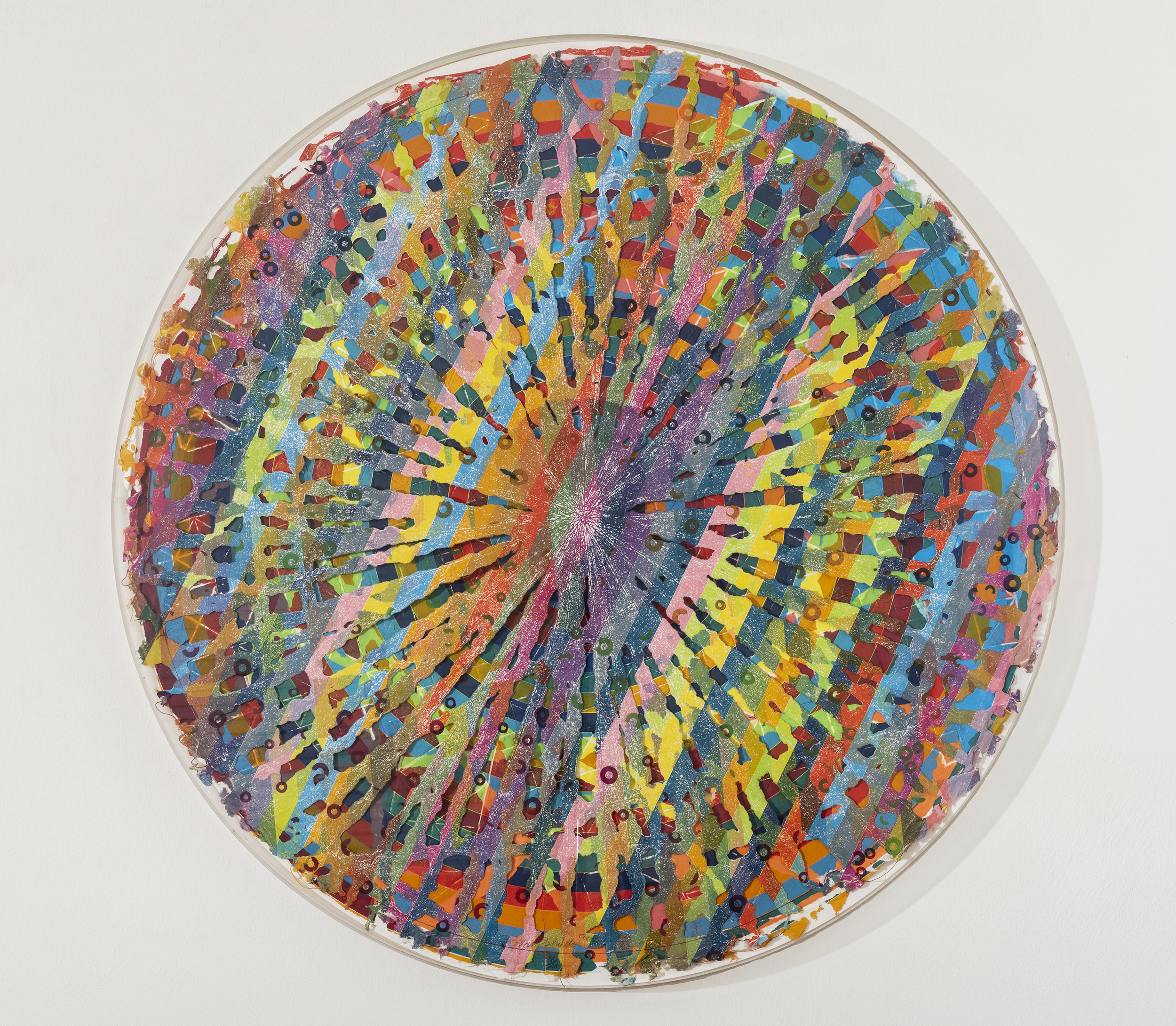   Alan Shields  Rain Dance Route  from  The Raggedy Circumnavigation Series     1985 Relief, woodcut, silkscreen, string, stitching, on handmade paper, two layers 47 inches diameter  Ed. 4/20 