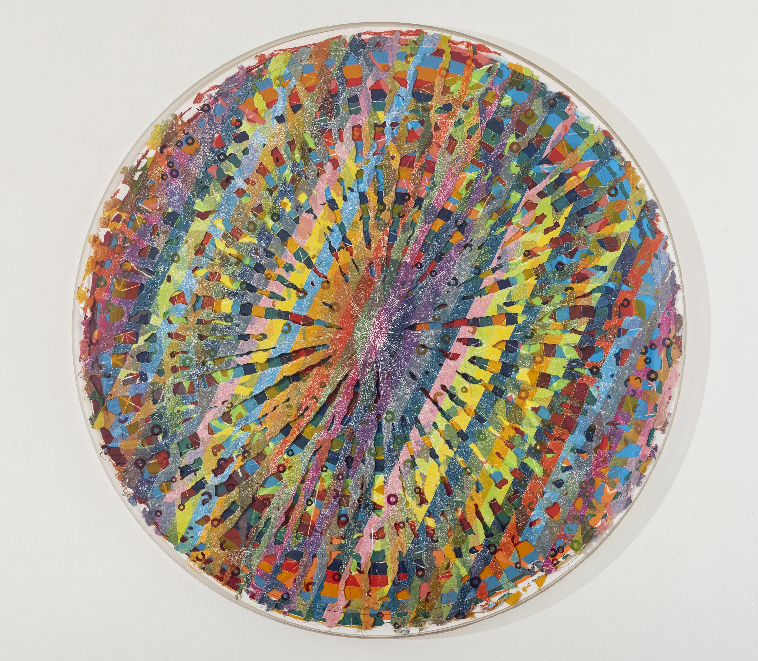 Alan Shields Rain Dance Route from The Raggedy Circumnavigation Series 1985 Relief, woodcut, silkscreen, string, stitching, on handmade paper, two layers 47 inches diameter Ed. 4/20