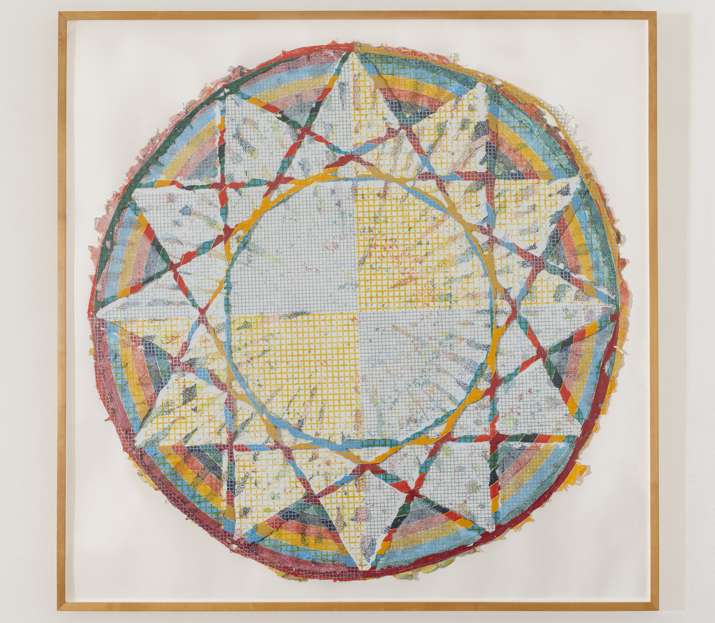   Alan Shields  Equatorial Route , from  The Raggedy Circumnavigation Series     1985 Relief, woodcut, silkscreen, string, stitching, on handmade paper, two layers 47 inches diameter, 52 x 52 inches framed Ed. 18/20 