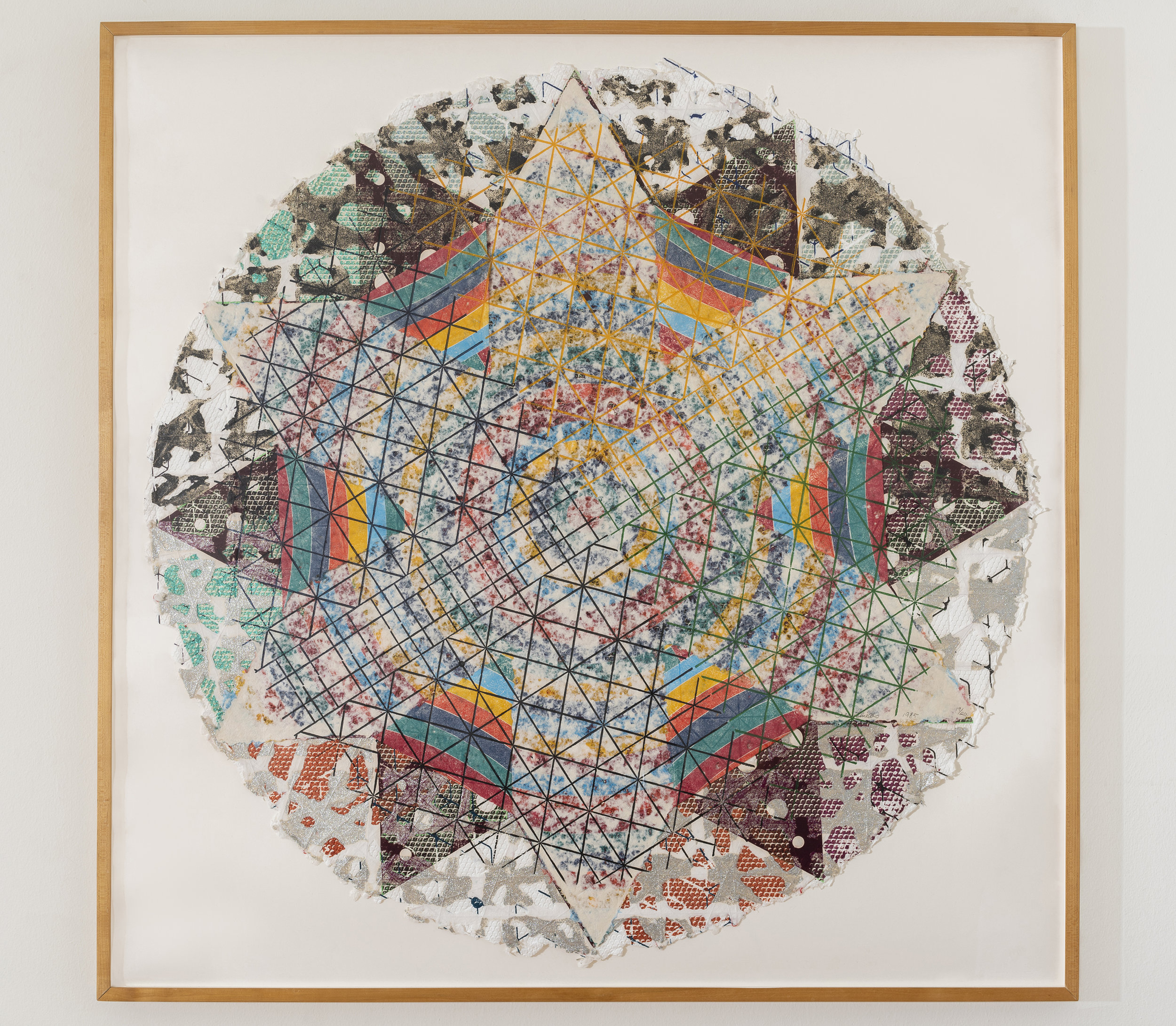   Alan Shields  Uncle Ferdinand's Route , from  The Raggedy Circumnavigation Series     1985 Relief, woodcut, silkscreen, string, stitching, glitter, on handmade paper, three layers 47 inches diameter, 52 x 52 inches framed Ed. 19/20    