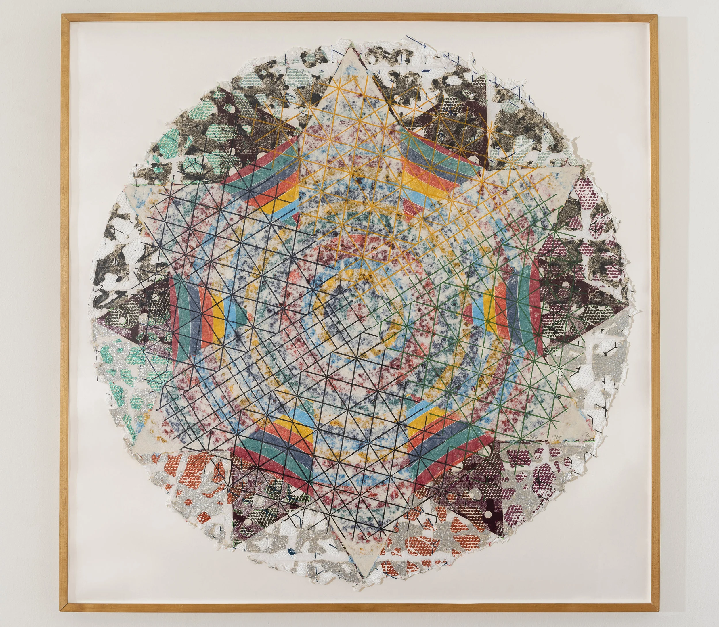 Alan Shields Uncle Ferdinand's Route , from The Raggedy Circumnavigation Series 1985 Relief, woodcut, silkscreen, string, stitching, glitter, on handmade paper, three layers 47 inches diameter, 52 x 52 inches framed Ed. 19/20