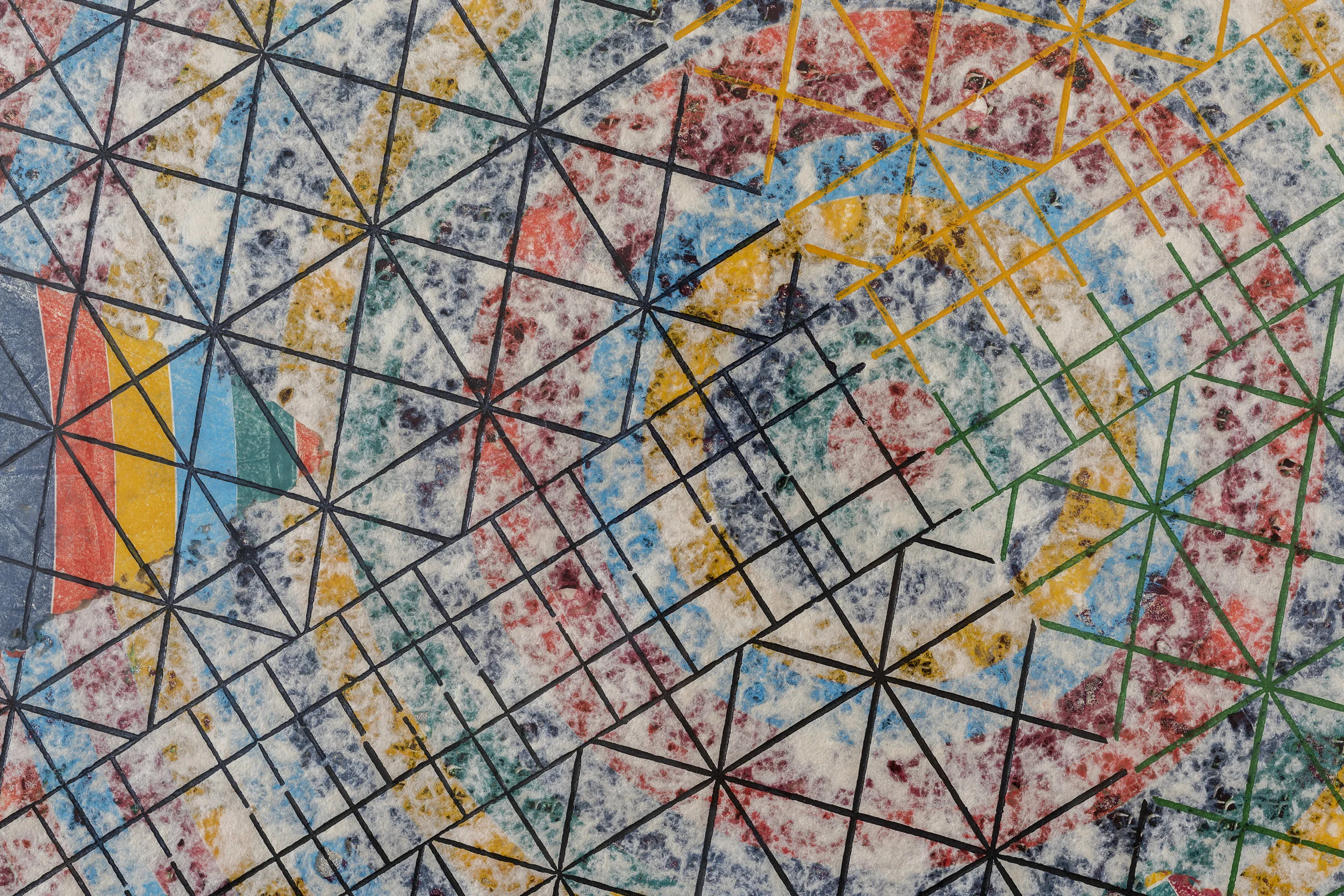 Detail view of: Alan Shields Uncle Ferdinand's Route , from The Raggedy Circumnavigation Series 1985 Relief, woodcut, silkscreen, string, stitching, glitter, on handmade paper, three layers 47 inches diameter, 52 x 52 inches framed Ed. 19/20