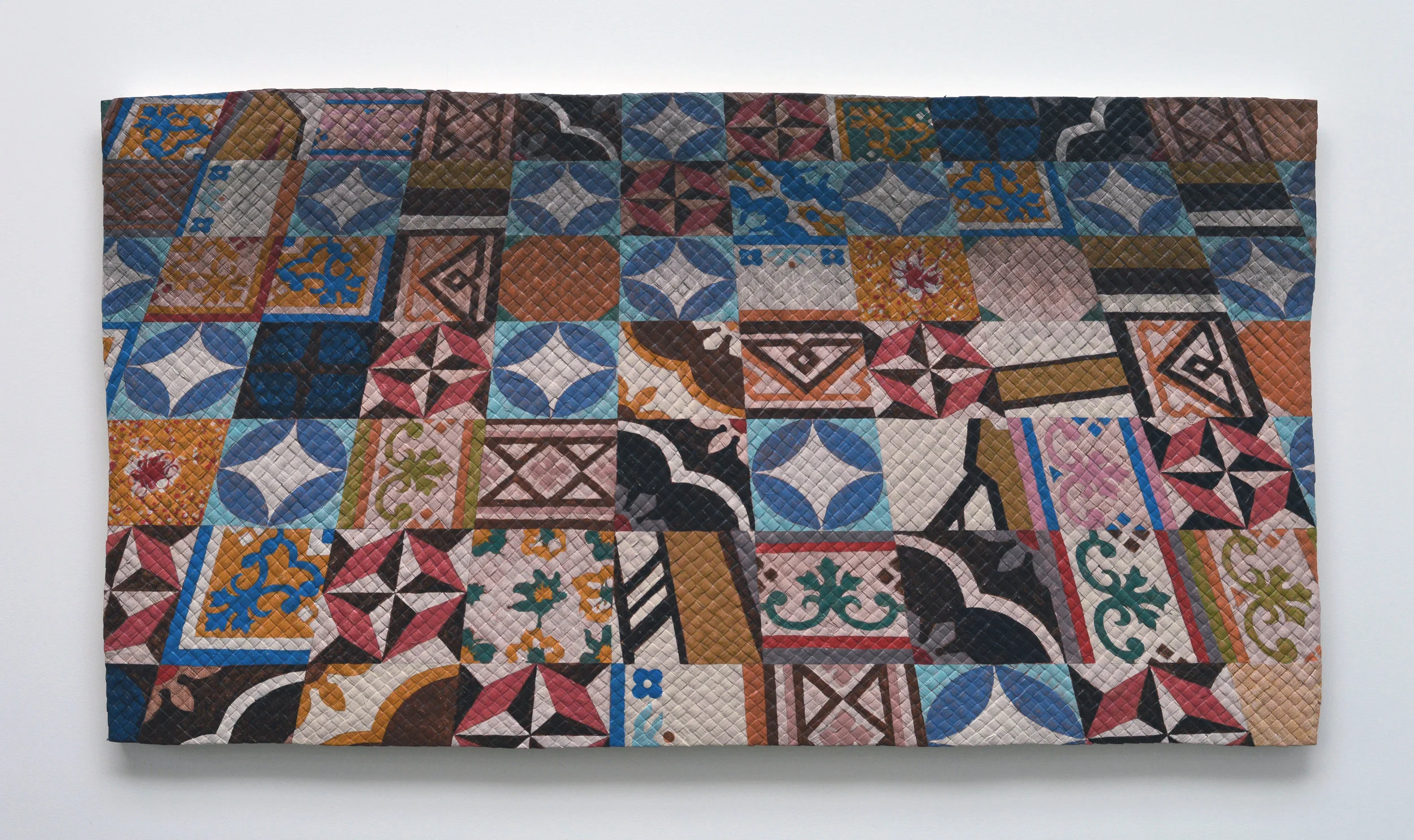 Adam de Boer Tegel Buitenzorg 2018 acrylic paint on hand woven pandan leaf 41 x 77 inches