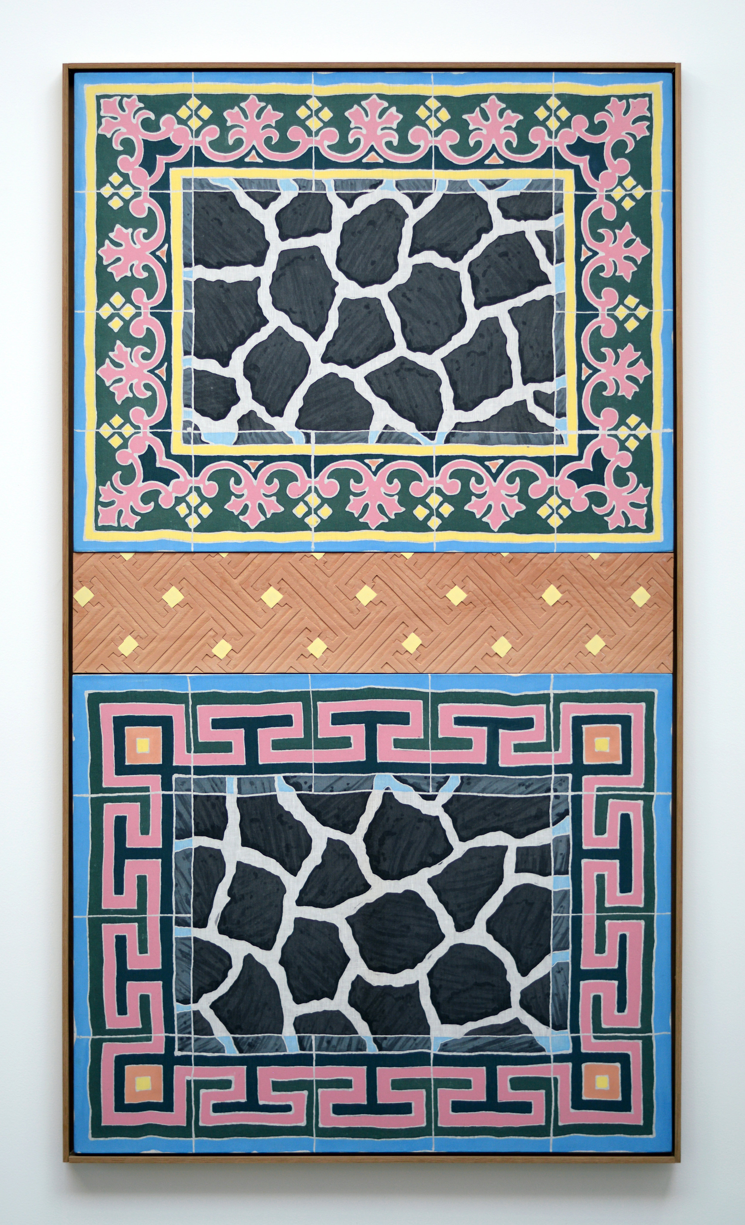   Adam de Boer  Narsisis San Pedro     2018 wax-resist acrylic paint on linen, hand carved teak frame 72.25 x 40.75 x 1.5 inches    