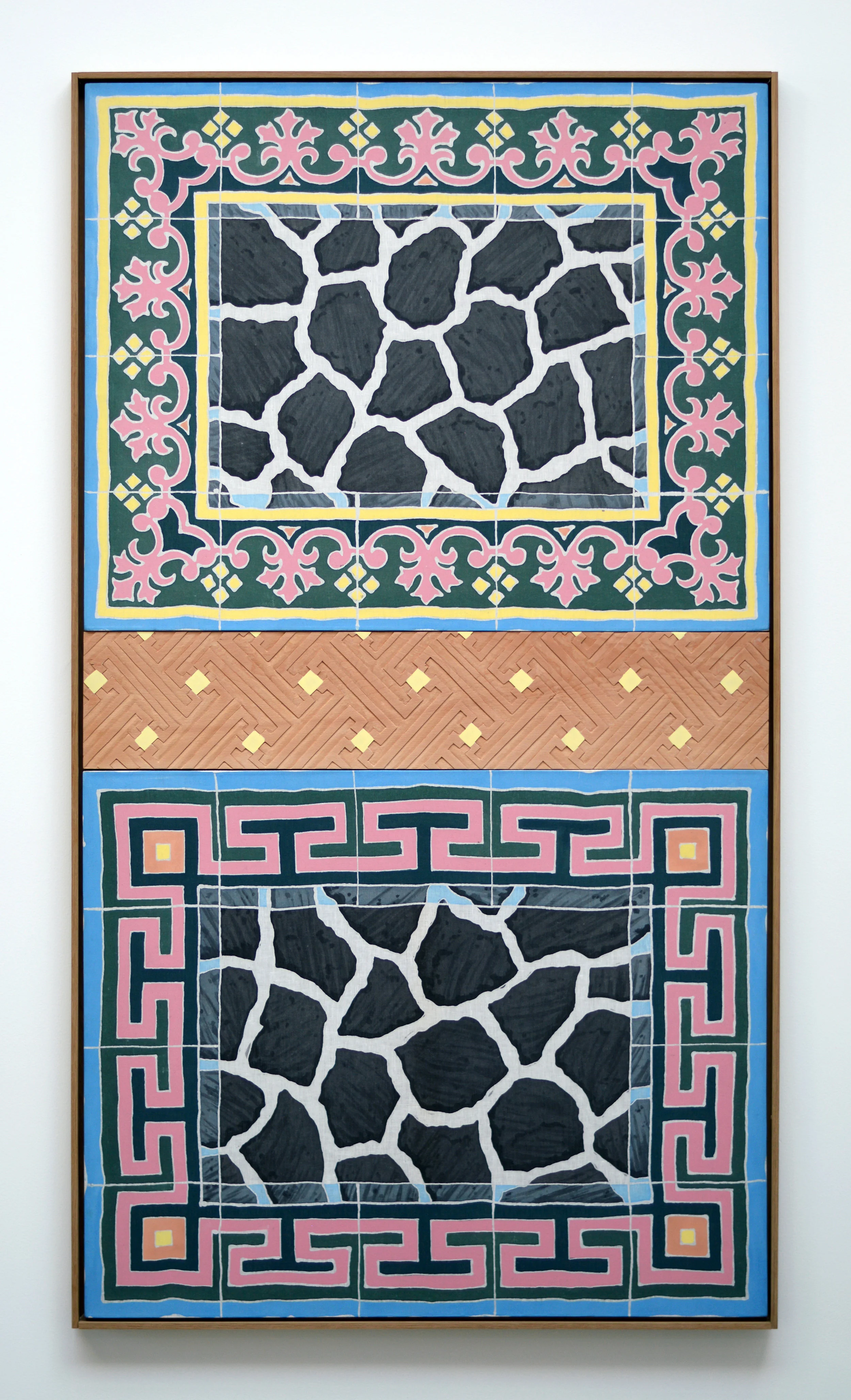 Adam de Boer Narsisis San Pedro 2018 wax-resist acrylic paint on linen, hand carved teak frame 72.25 x 40.75 x 1.5 inches