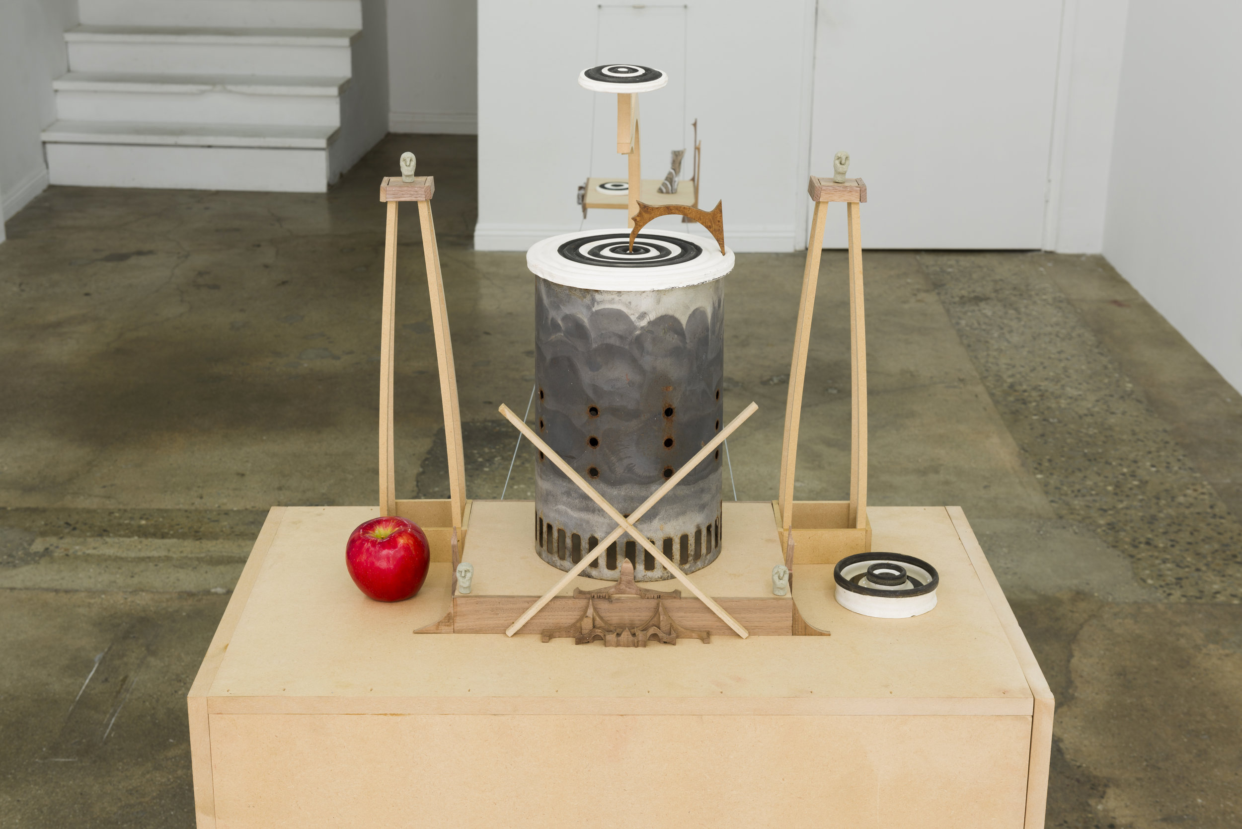   Harry Gould Harvey IV  Altar to the Hedonist of Eden   2019 MDF, walnut, burl, clay, metal, apple, bong water 21 x 23 x 11.5 in     