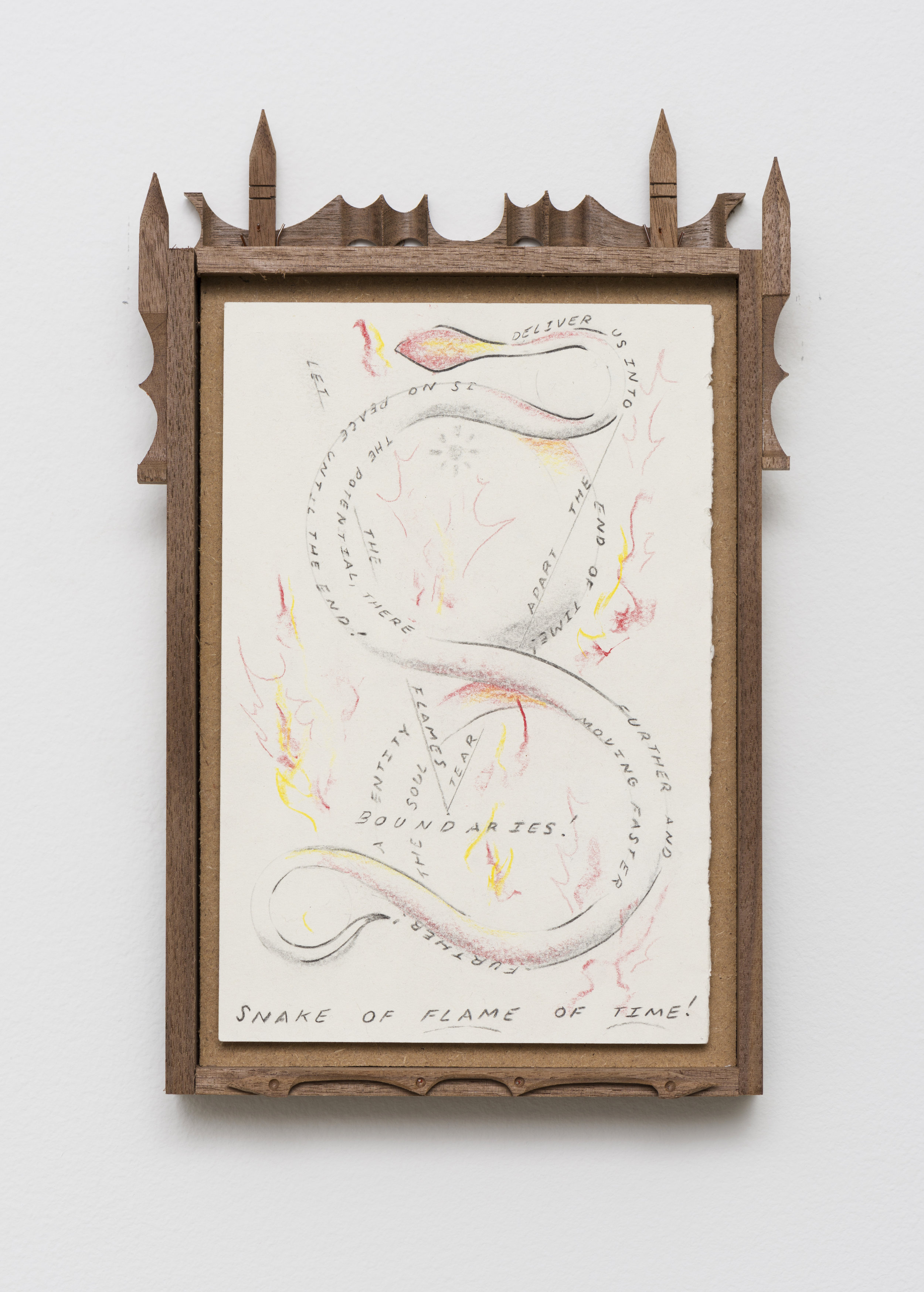   Harry Gould Harvey IV  Lost in a Combustible Ether in the Flames of TIme   2019 Pencil on paper, carved walnut frame 11 x 6.75 in     
