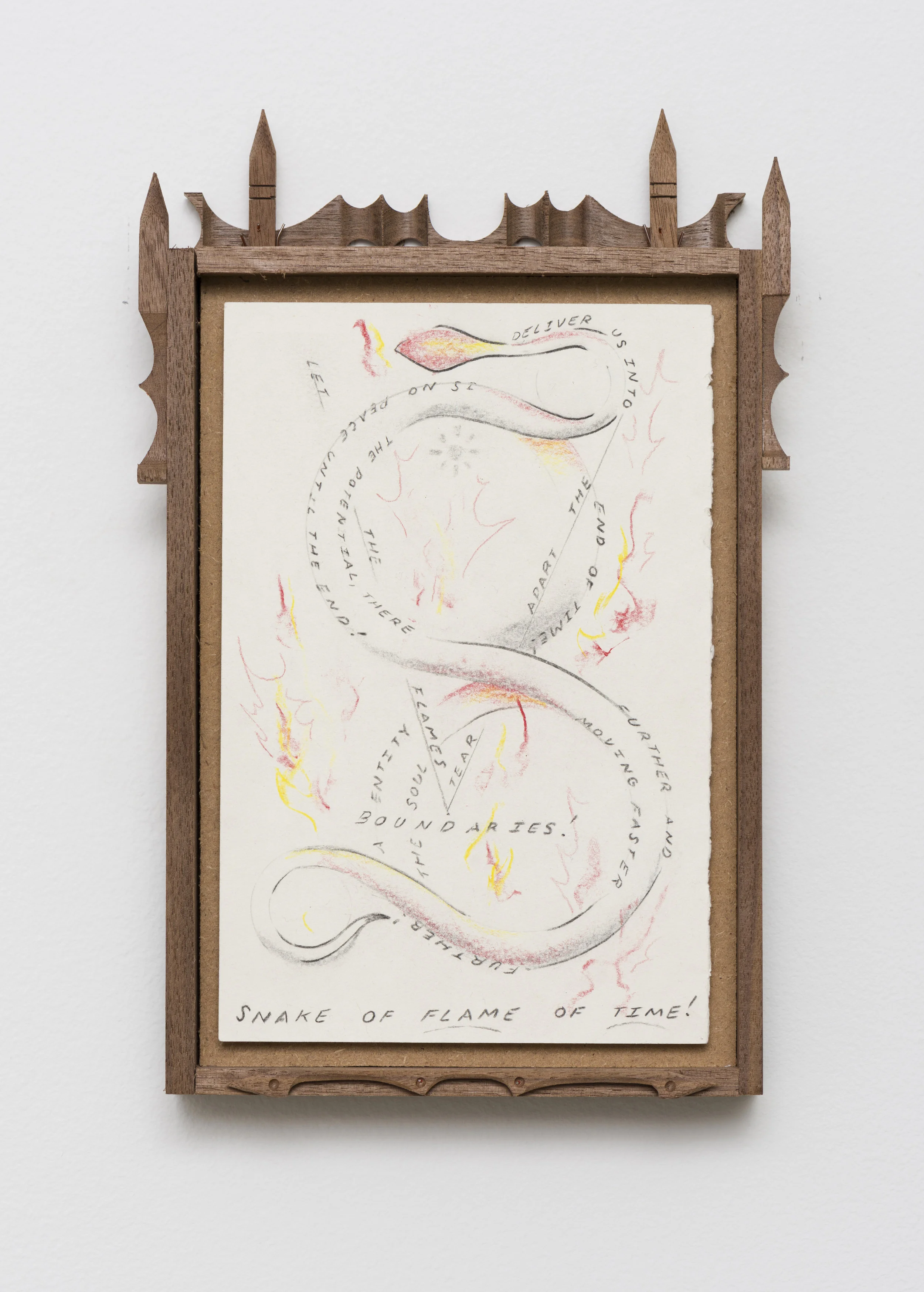 Harry Gould Harvey IV Lost in a Combustible Ether in the Flames of TIme 2019 Pencil on paper, carved walnut frame 11 x 6.75 in