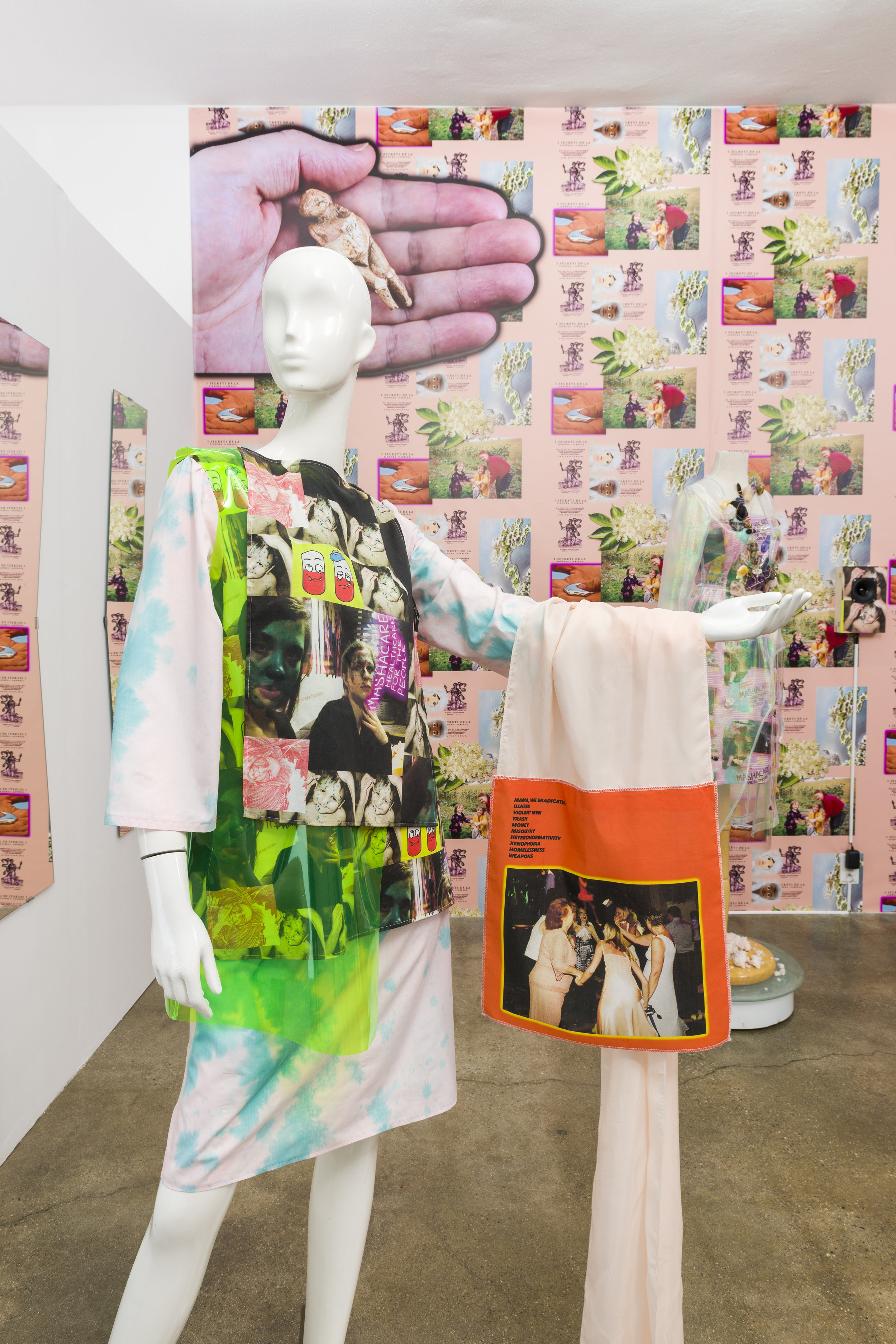 Molly Surazhsky Зеленка стала оружием , Pussy Riot стала оружием (Zelyonka has become a weapon, Pussy Riot has become a weapon) 2019 Printed cotton, zelyonka, and vinyl