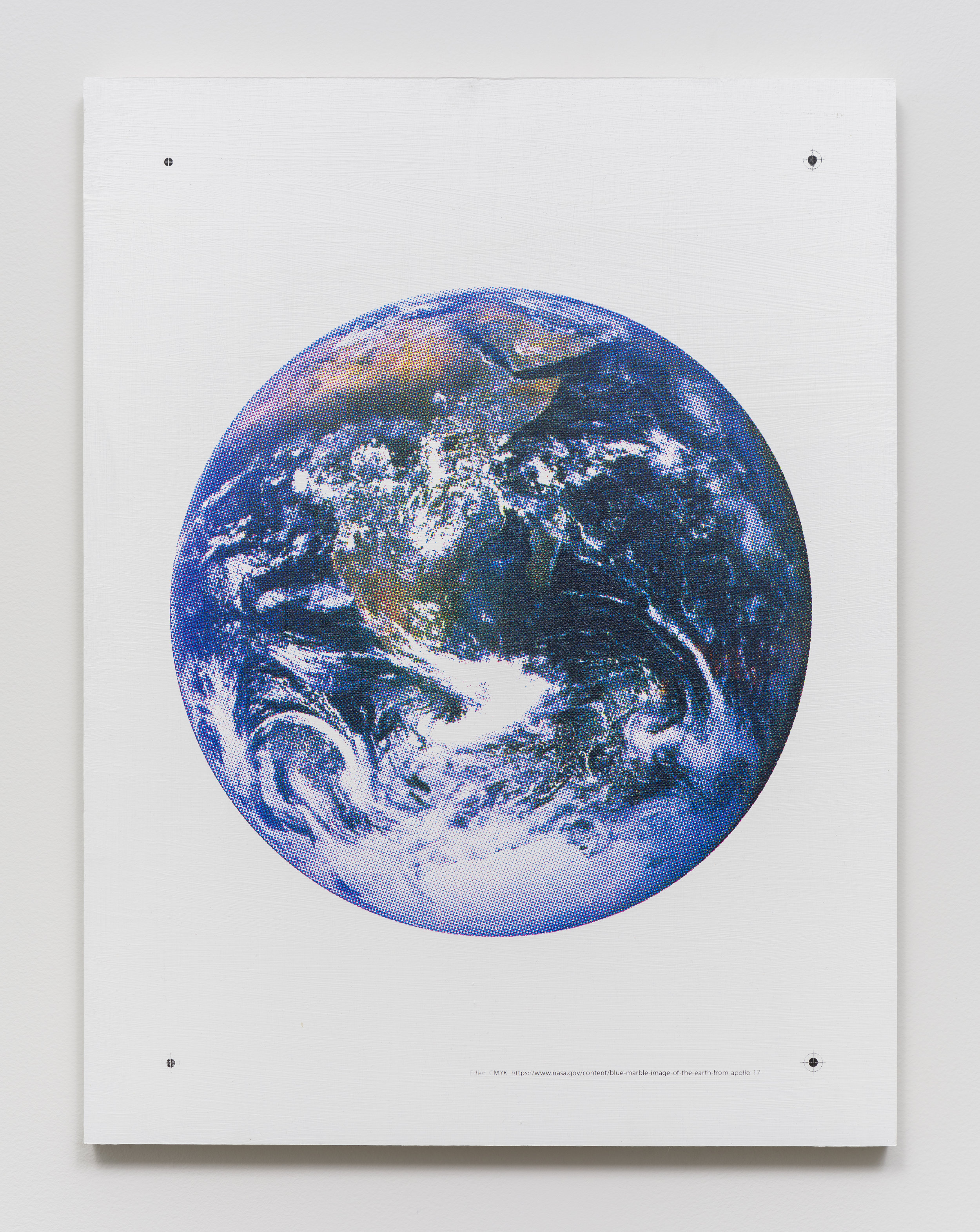   Don Edler  CMYK Blue Marble   2019 Gesso and silkscreen ink on panel 24 in x 18 in  Photo by Ruben Diaz 