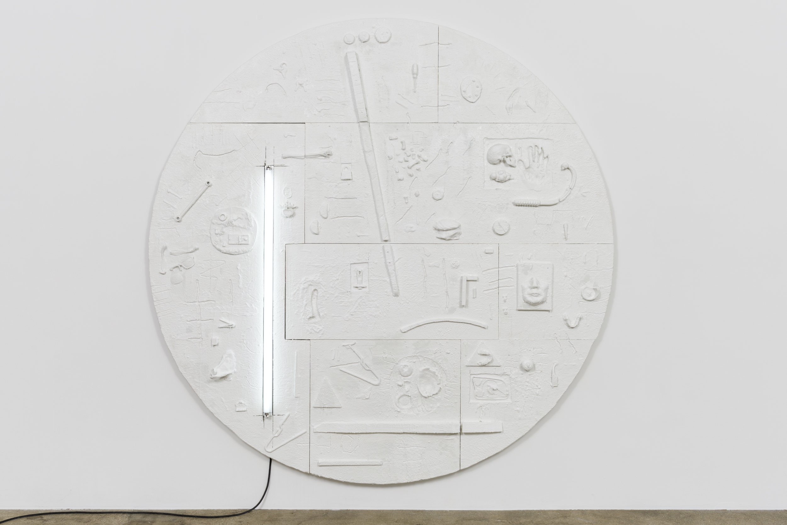   Don Edler  Two Minutes To Midnight   2017-2019 Plywood, styrofoam, plaster, miscellaneous detritus, fluorescent light, polymer paint, petroleum wax 92 in x 92 in x 3 in  Photo by Ruben Diaz 