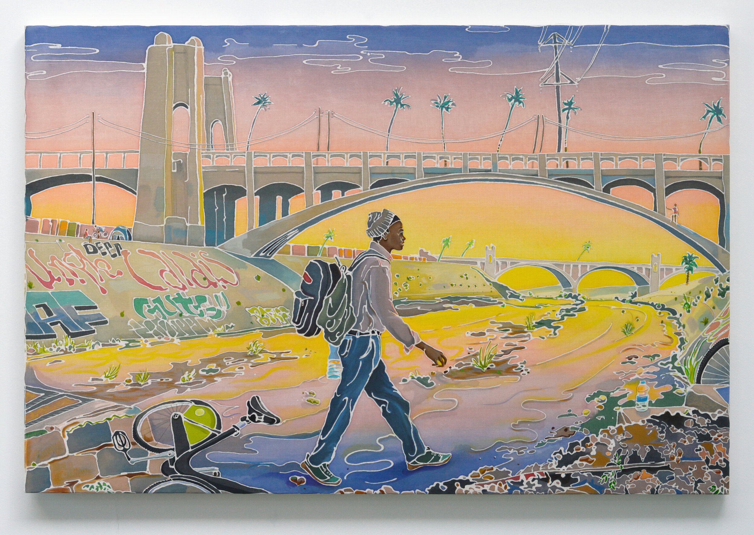   Adam de Boer   Riverwalker  2020 Wax-resist, acrylic washes and oil paint on linen 36 x 54 inches   