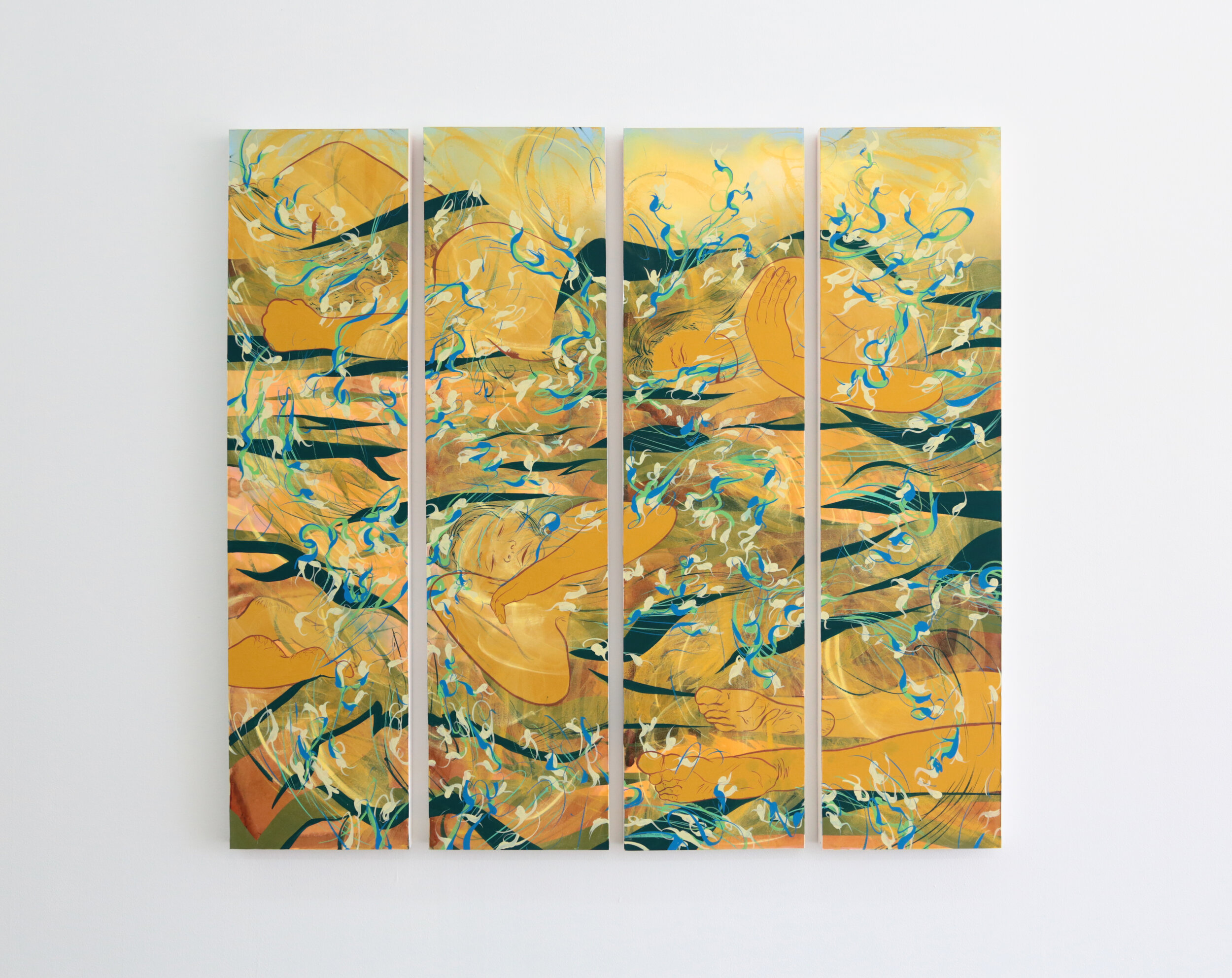   Tammy Nguyen   Dust Season  2020 Watercolor, vinyl paint, and pastel on paper, stretched over wooden panel48 x 51 inches (including 1 inch spaces between each panel) 