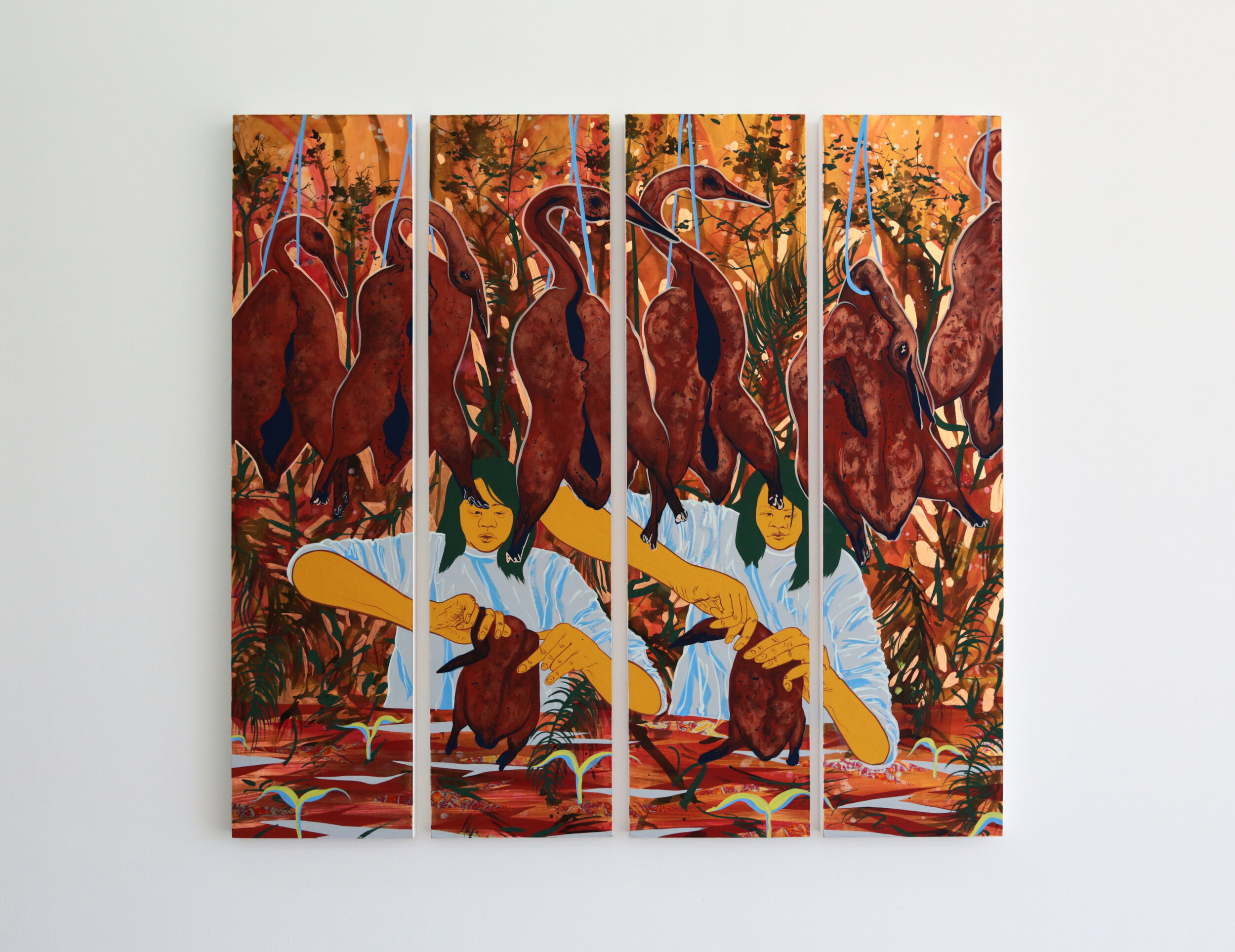   Tammy Nguyen   Fire Season  2020 Watercolor, vinyl paint, pastel and metal leaf on paper, stretched over wooden panel48 x 51  inches (including 1 inch spaces between each panel) 