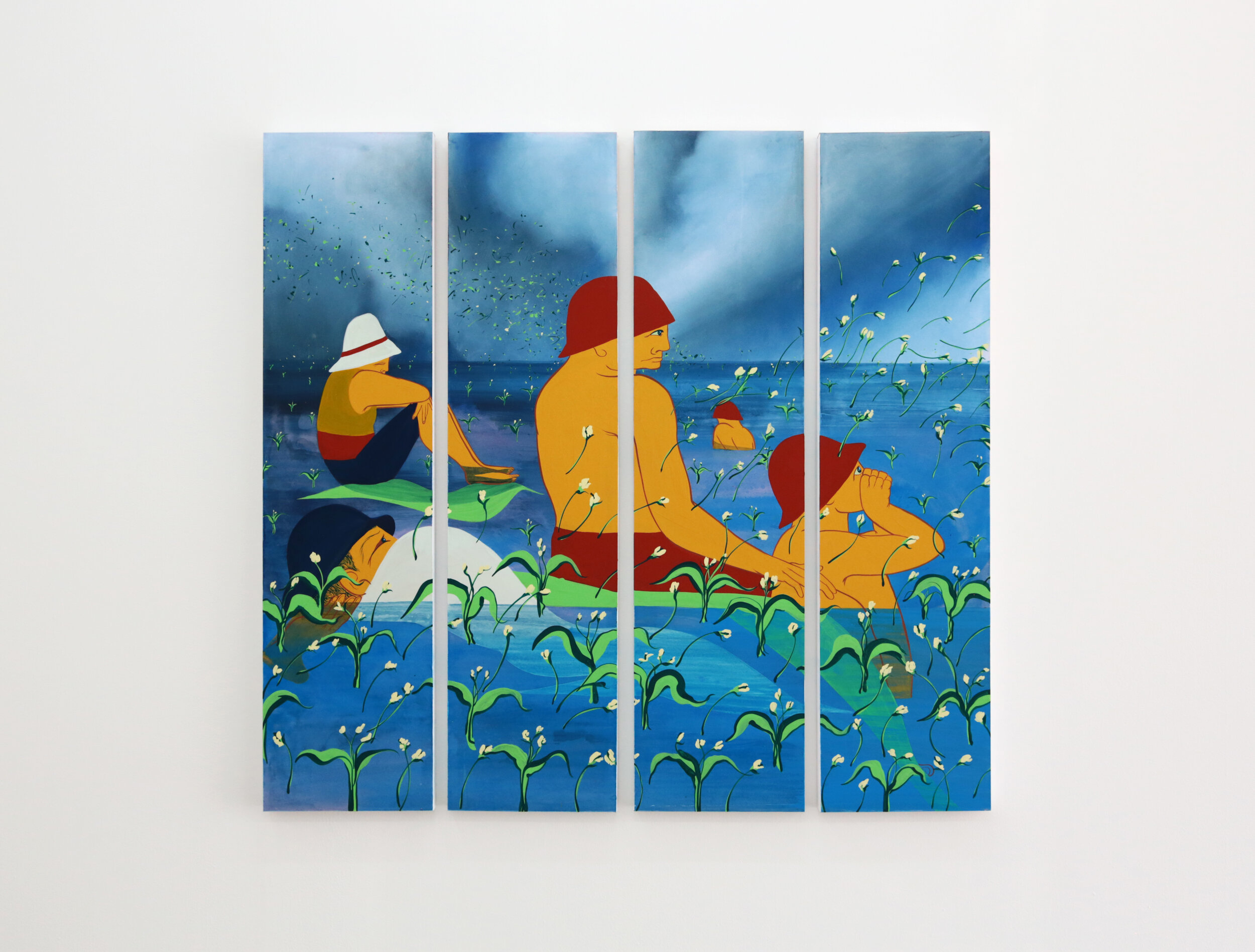   Tammy Nguyen   Flood Season  2020 Watercolor, vinyl paint, and pastel on paper, stretched over wooden panel48 x 51 inches (including 1 inch spaces between each panel) 
