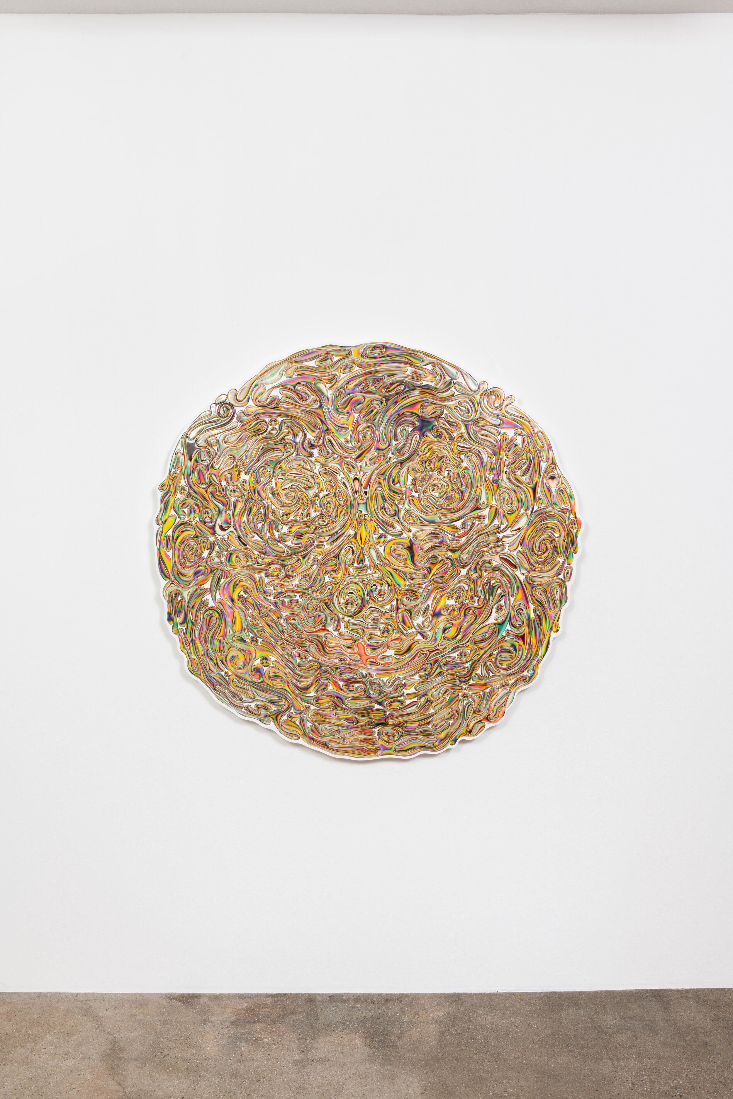  Rollin Leonard  Rainbow Demon  2019  -  2021 Resin-domed photographs on shaped panel 56 inches, diameter  Photo by Ruben Diaz 