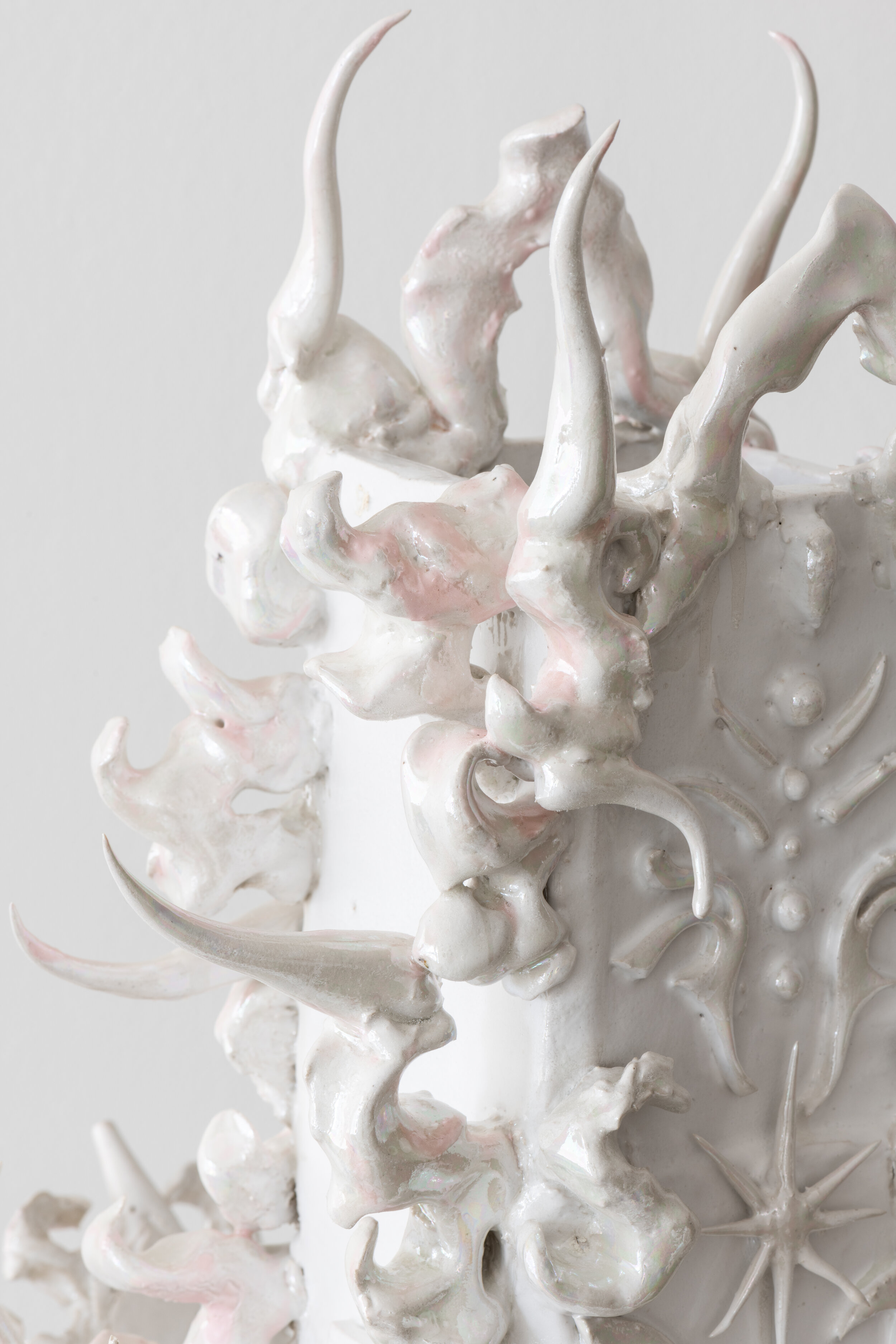  Detail view of  Evangeline AdaLioryn  Lotus Vessel  2021 Glazed porcelaineous stoneware, luster 26 x 14 x 17 inches  Photo by Ruben Diaz 