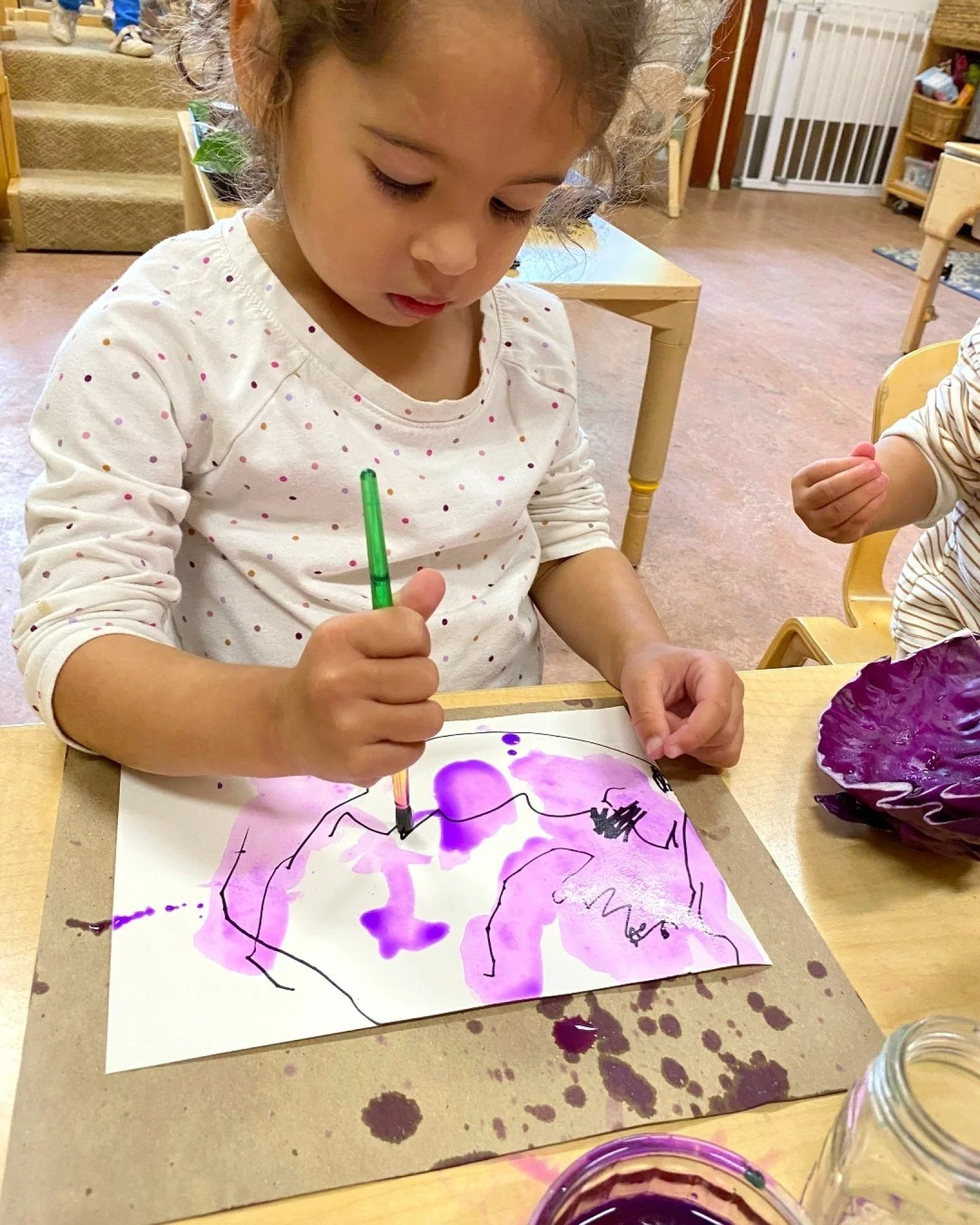 Our Preschool Moon Room (2 year olds) have been exploring color and transformation through a simple cabbage experiment that sparked big curiosity! 
They watched purple cabbage change the color of water, shared predictions, and made new discoveries w