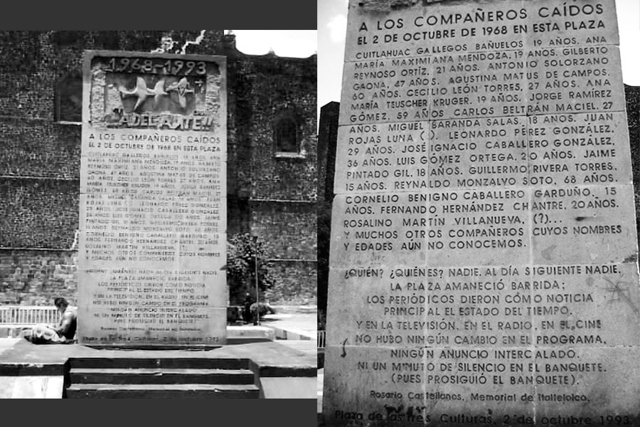   Monumento a los Caídos en la Plaza de Tlatelolco, erigido en el aniversario de la masacre en 1993, con una estrofa del poema de Castellanos, “Memorial de Tlatelolco”, incorporada. (pp. 134-5) Foto de Juan Manuel Rodríguez Ortega  