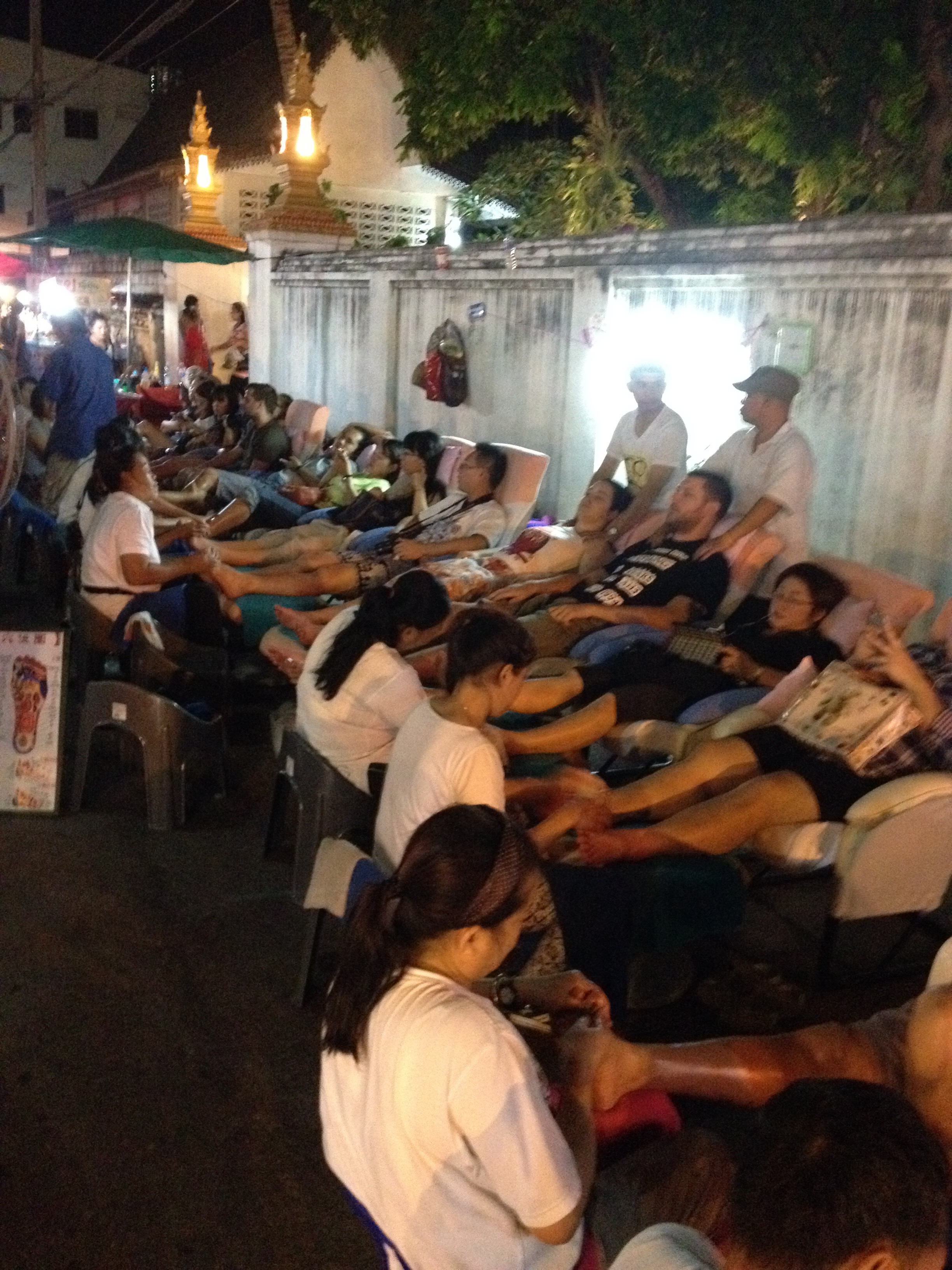 Night markets are quite big in these countries. Supposedly because it is cooler in the evening but only by about 10 degrees. This one was rumored to extend for 6 km and that's without the side streets and alleys which are also packed with stalls and shoppers! One side street consisted of rows and rows of foot massage chairs filled with customers.