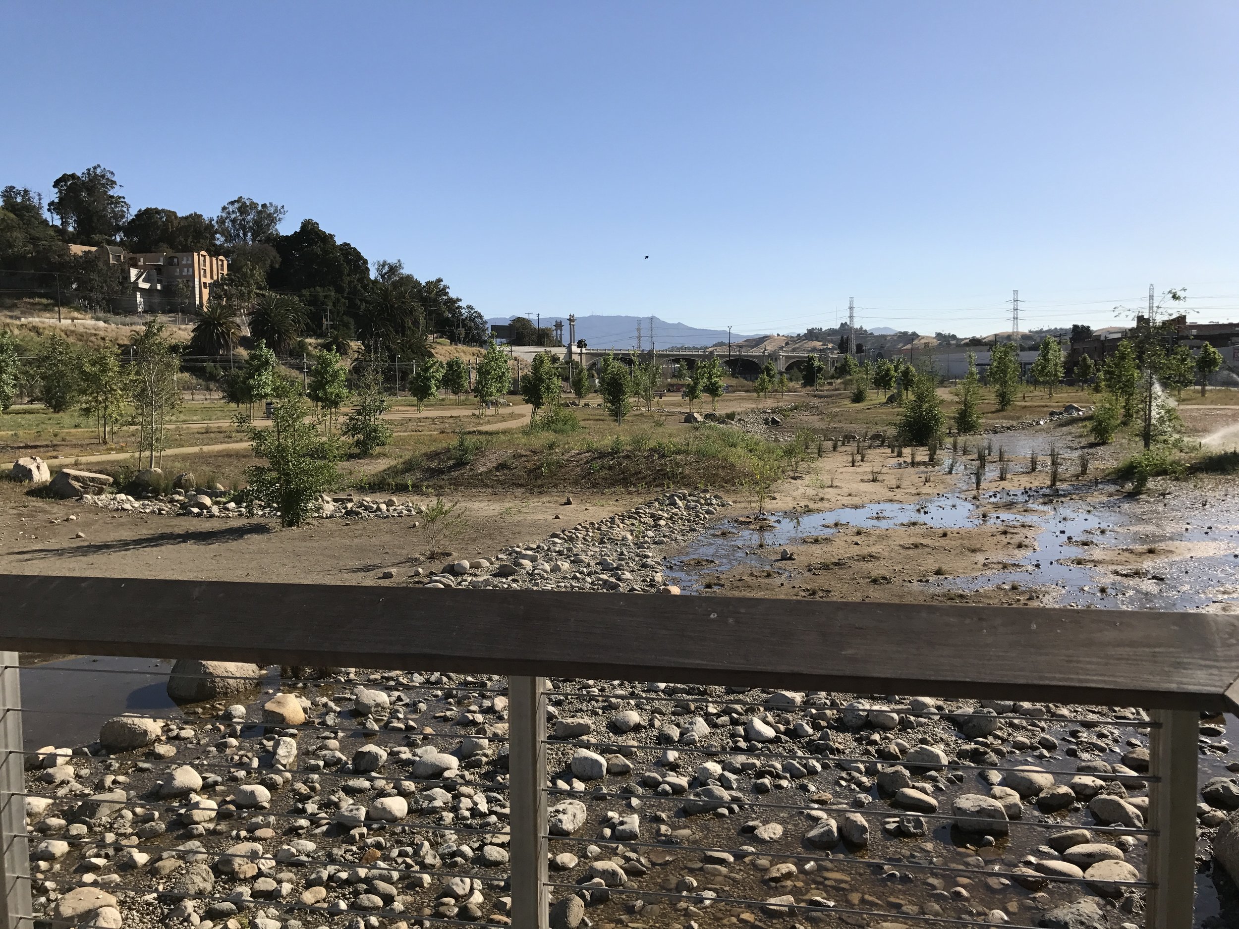 A constructed creek bed only collects (recycled) irrigation water on the day of my visit.