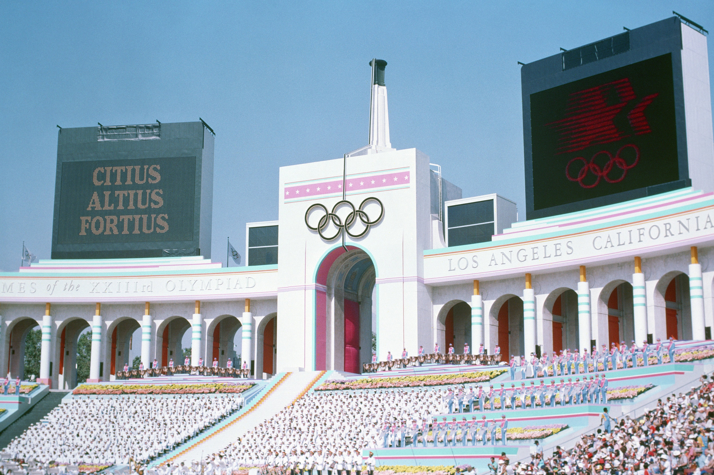 The Los Angeles Memorial Coliseum, transformed for the 1984 Olympics Opening Ceremony with a temporary structure. Public Domain photo via Wikimedia Commons.
