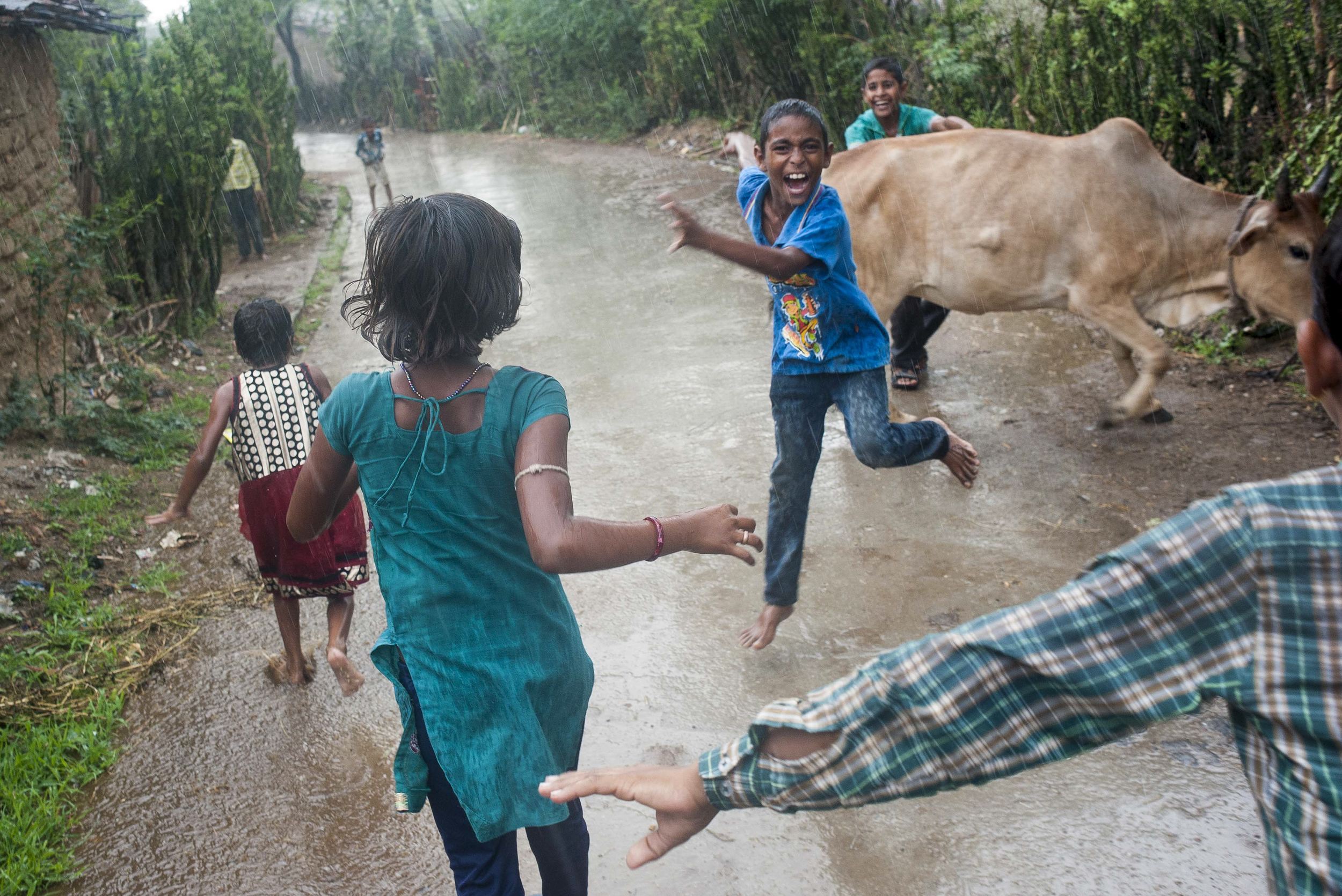  Children run through a rainstorm during monsoon season in Jeetawas, a small village outside of Railmagra in Rajasthan, India on July 21, 2015.  