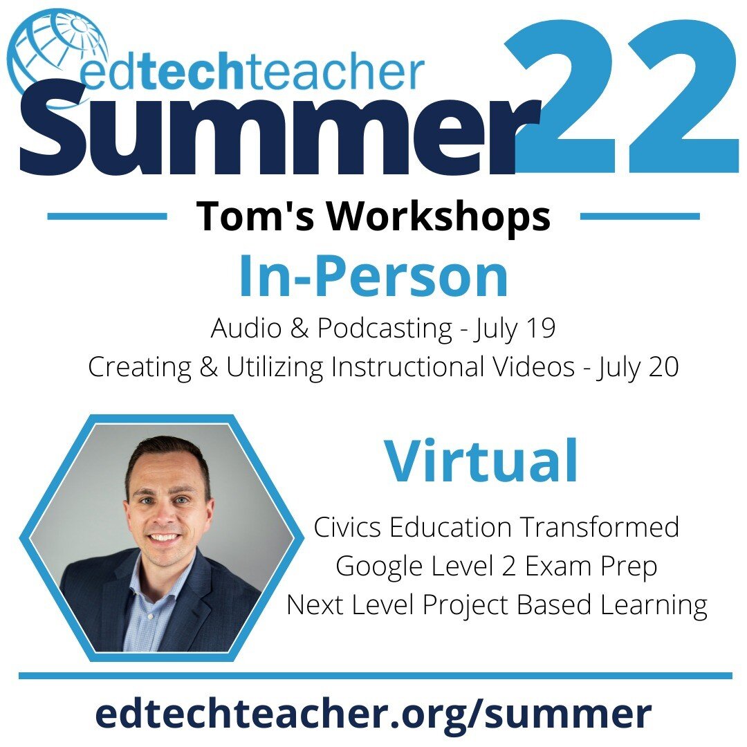 Excited to be a part of @edtechteacher21's 20th summer workshop series! I will be conducing two in-person workshops (Cape Cod in July anyone?) as well as three virtual courses (3, 1-hour sessions per course). We already have registrations from educat