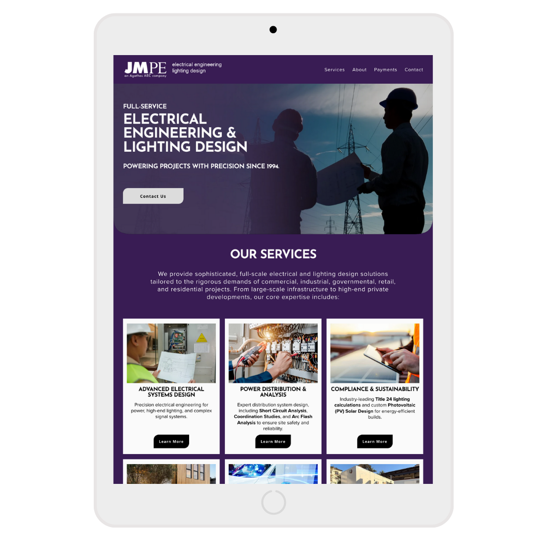 tablet displaying homepage of JMPE Electrical Engineering website