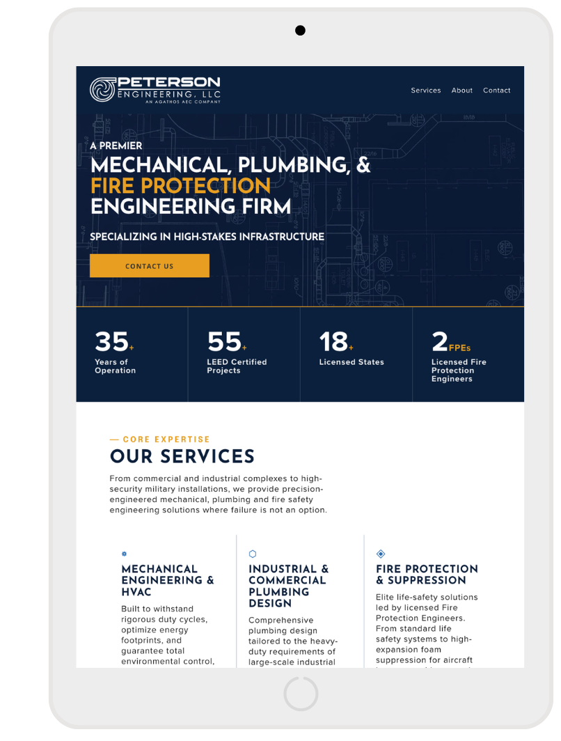 tablet with the top half of the Peterson Engineering website homepage on display