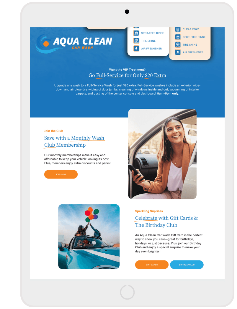 Tablet displaying a section of the Aqua Clean Car Wash website