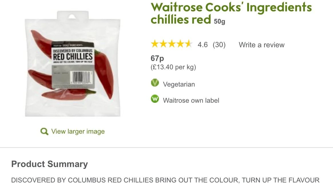 Waitrose sayfasında kırmızı biberin Colombus'un keşfettiğinin delili