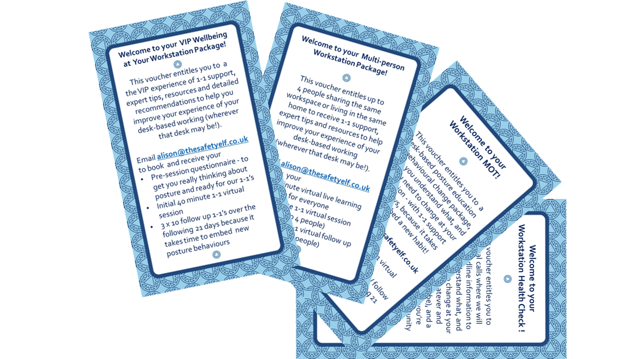 Fanned gift vouchers for various posture and ergonomics packages