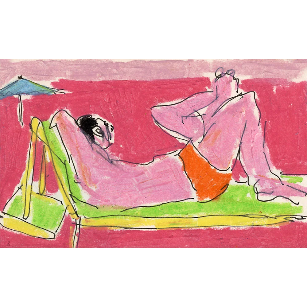 Pink-Sunbather,--Isabella-Cotier,-Oil-Pastel-and-Indian-Ink,-9-x-14-cm,-£275,-Partnership-Editions.jpg