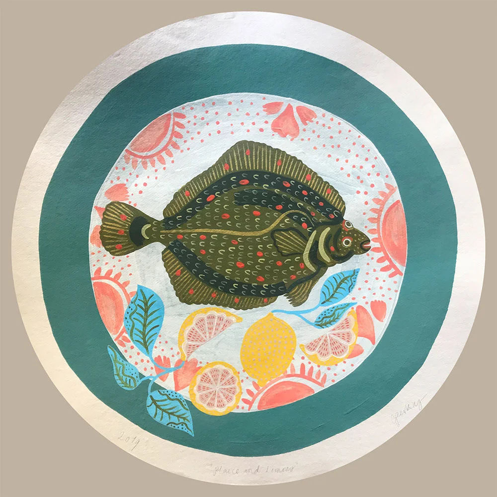 PLAICE-AND-LEMONS,-Camilla-Perkins,-Emulsion,-Acrylic-and-Ink,-56cm-round-hand-made-Khadi-cotton-paper,-£480,-Partnership-Editions.jpg