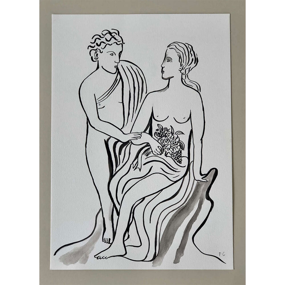 Classical-Statues-with-Flowers-at-the-V&A,-Indian-Ink-on-Paper,-Frances-Costelloe,-A3,-£300,-Partnership-Editions2.jpg