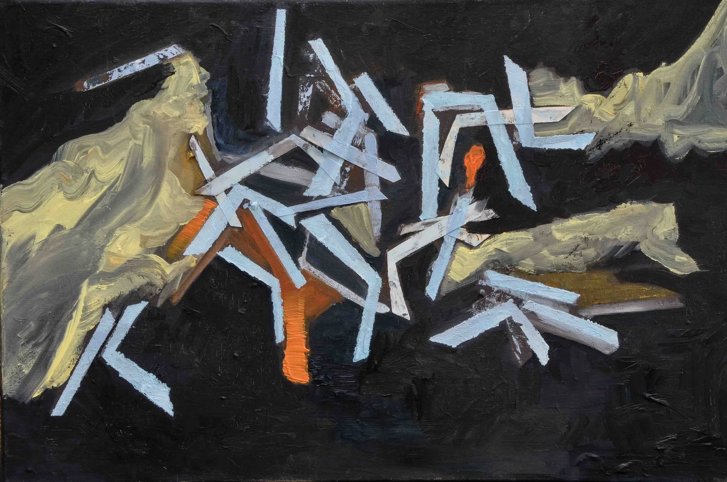K, May 2015, Oil on canvas with paper collage, 60 x 40 cm The letter K was used as a repeating pattern, broken up and distorted, to represent the battle and oppositions present in the relationship it depicts.The letters are formed of paper that is roughly glued to the canvas –and sometimes sticking out, giving a sense of mess and urgency. The relationship was intense and passionate, and had a calming, troubling and stirring effect. I wanted to convey a sense of push and pull and paradox in this painting.