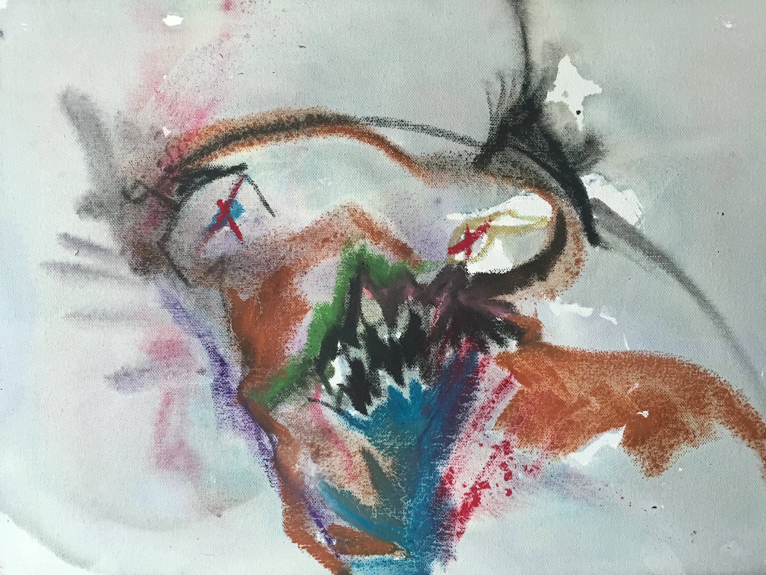 The Whisky Monster, January 2017, Pastel, wine and whisky on canvas, 50 x 40 cm This piece is a query around alcohol. I listened and took notes on how people around me, friends, colleagues, strangers, relate to alcohol and what message they are conveying, what message we, as a society, are daily conveying. "Give me a glass of wine and I'll answer this question, I am not drunk enough for this! A party without alcohol is not a party worth going to" Alcohol in Britain is praised. This painting looks funny and nearly friendly at first but as we look more, it becomes less funny and more threatening, nearly uncomfortable. We soon realise that it is a monster, a very sly one.