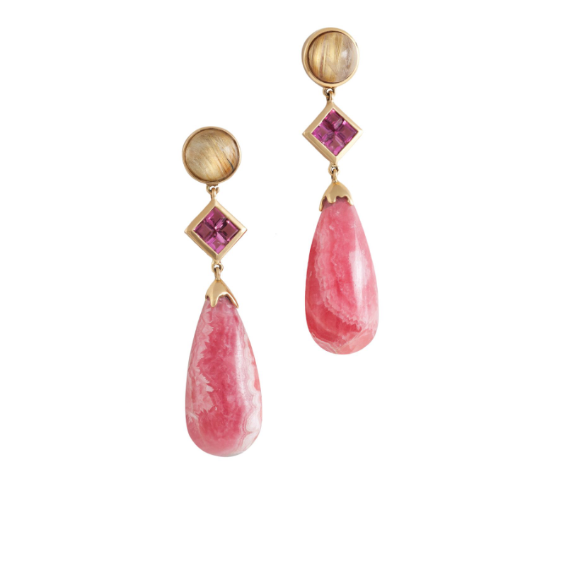 Rhodochrosite tear drop ( Argentina), square-cut pink tourmaline (Brazil), and round cabochon-cut rutilated quartz (Brazil) earromgs. set in 18k yellow gold