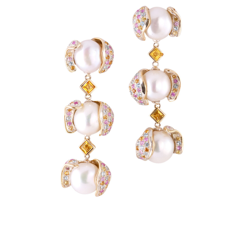 Baroque freshwater pearls (China), yellow sapphire and multi-colored sapphire pavé earrings, set in 18k gold