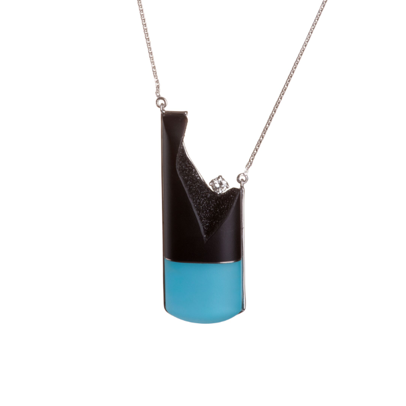 Black jade, cut by master cutter SW, and sleeping beauty turquoise (Arizona, USA) necklace with diamond, set in 18k white gold