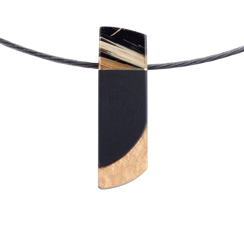 Rutilated quartz fused on black jade, carved by master cutter SW, pendant with 18k yellow gold