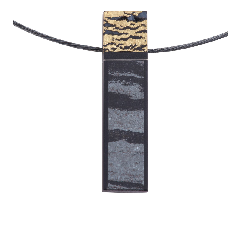 Hematite fused on black jade, carved by master cutter SW, pendant with textured 18k yellow gold