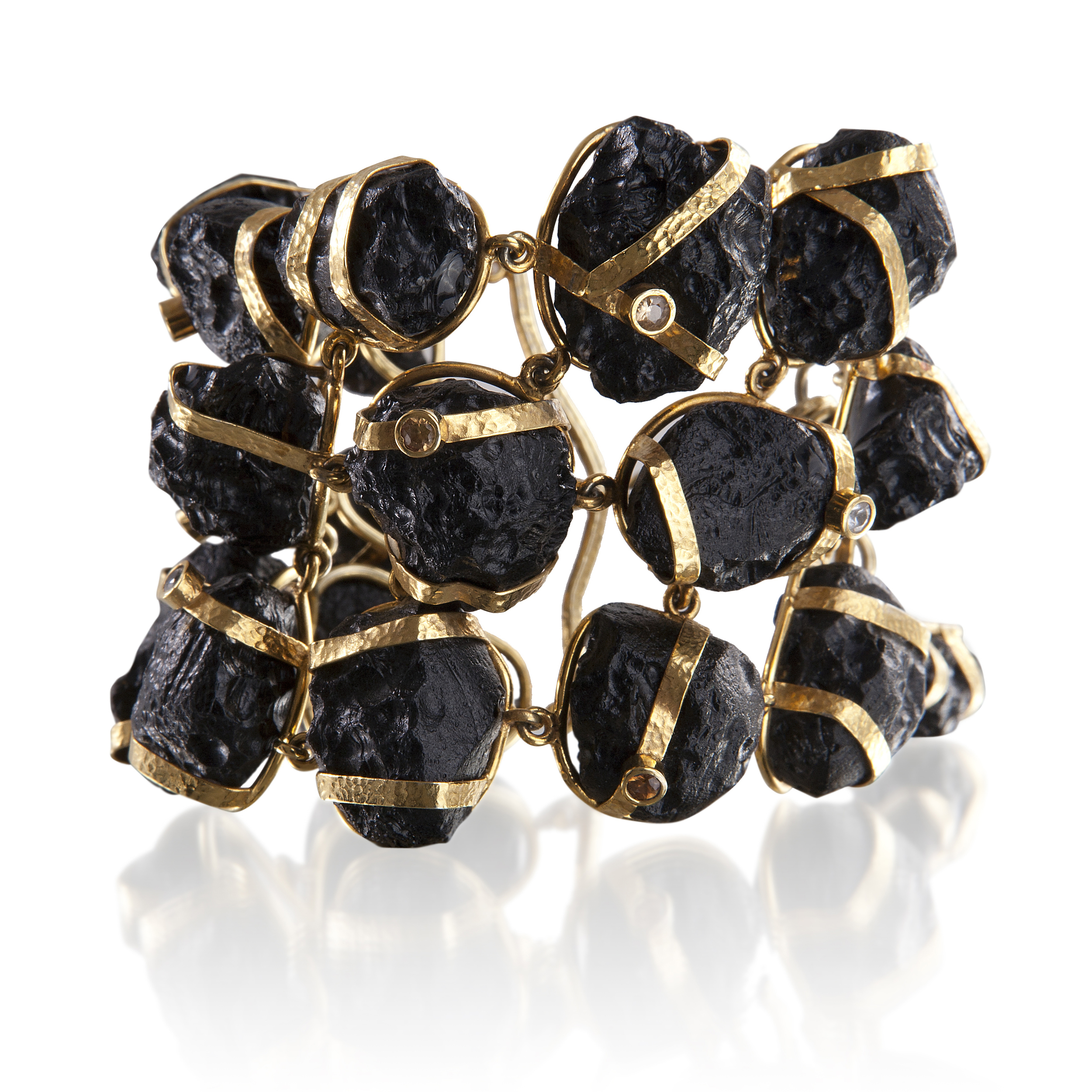 Tektite (China) bracelet with natural cognac zircon (Myanmar) and gold-plated silver