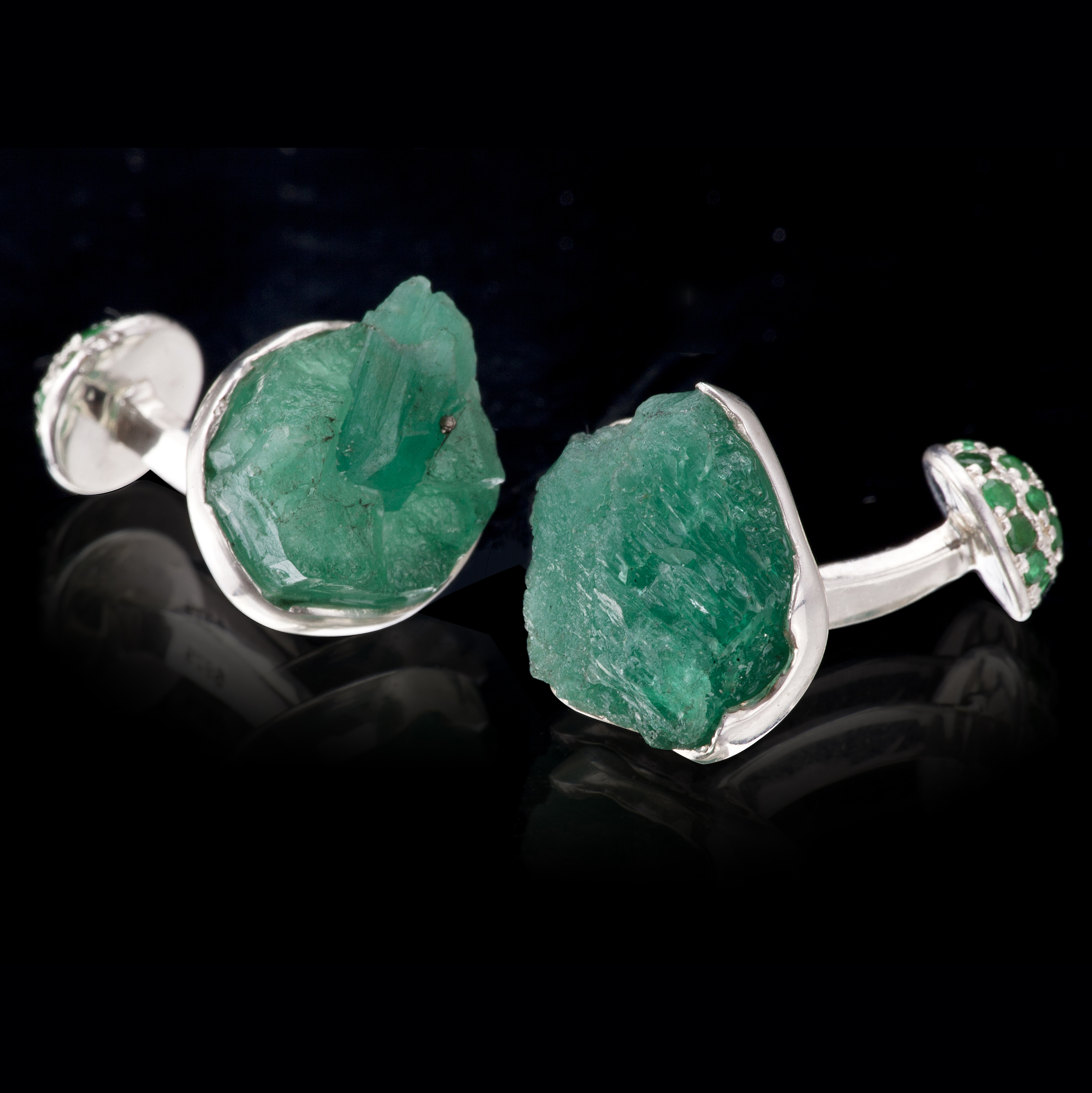 Rough emerald cufflinks with emerald pavé backings