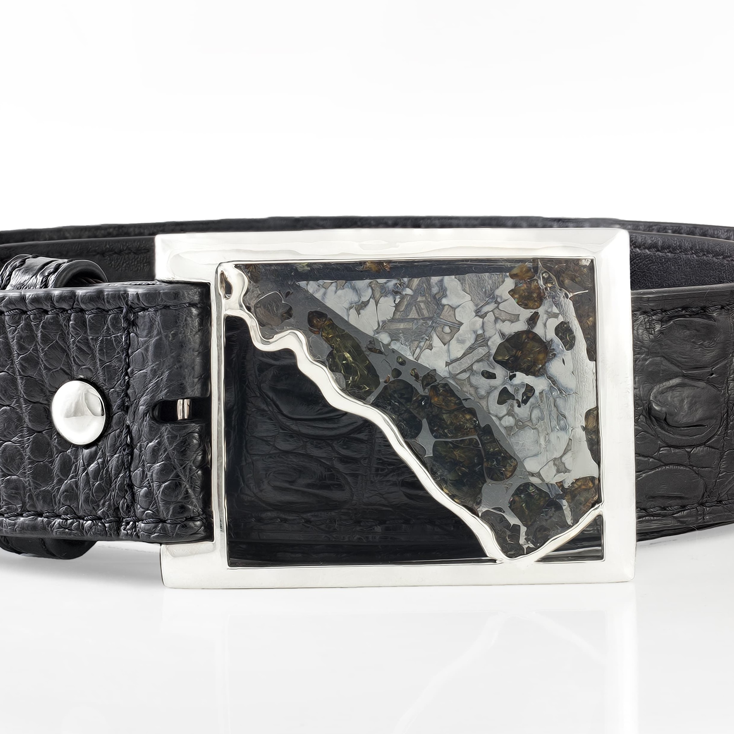 Pallasite meteorite (Russia) set in 925 silver, on a crocodile leather belt