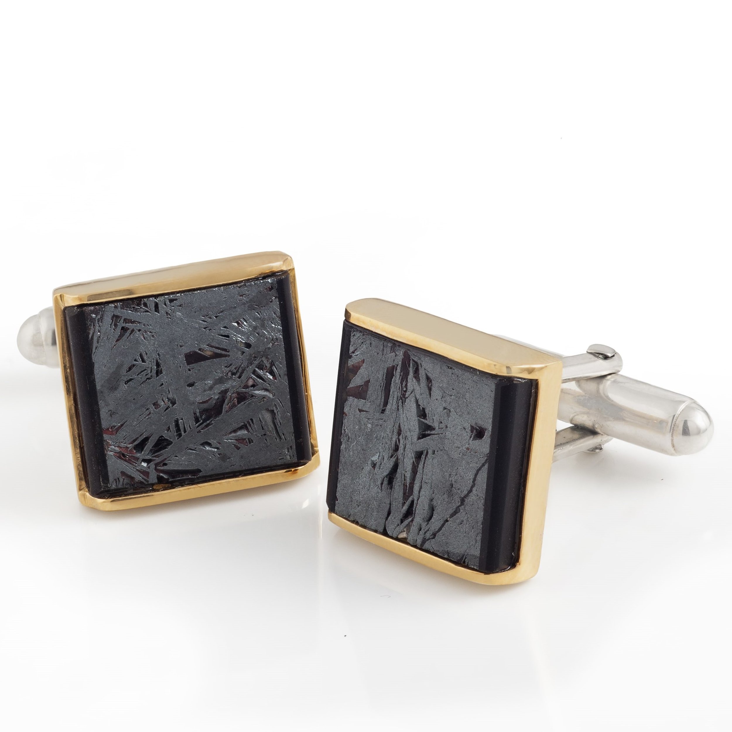 Meteorite (Russia) cufflinks with 18K yellow gold and black jade covered by thin layer of rock crystal quartz cufflinks, set in white gold-plated 925 silver